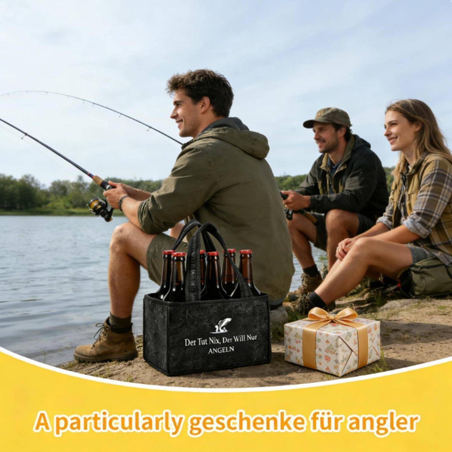Drei Menschen angeln an einem See mit einer Geschenkbox und einem Bierträger im Vordergrund; deutscher Text sagt „Ein besonderes Geschenk für Angler".