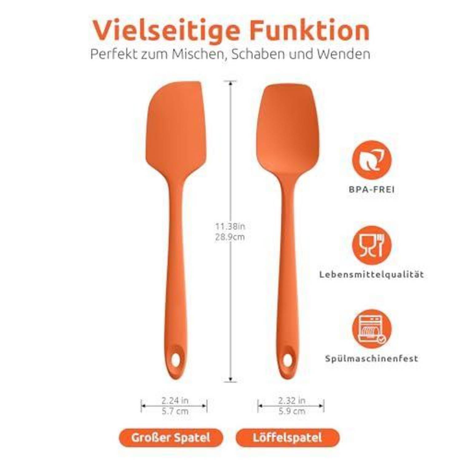 Produktgrafik zweier orangefarbener Silikonspatel mit den Bezeichnungen „Großer Spatel
