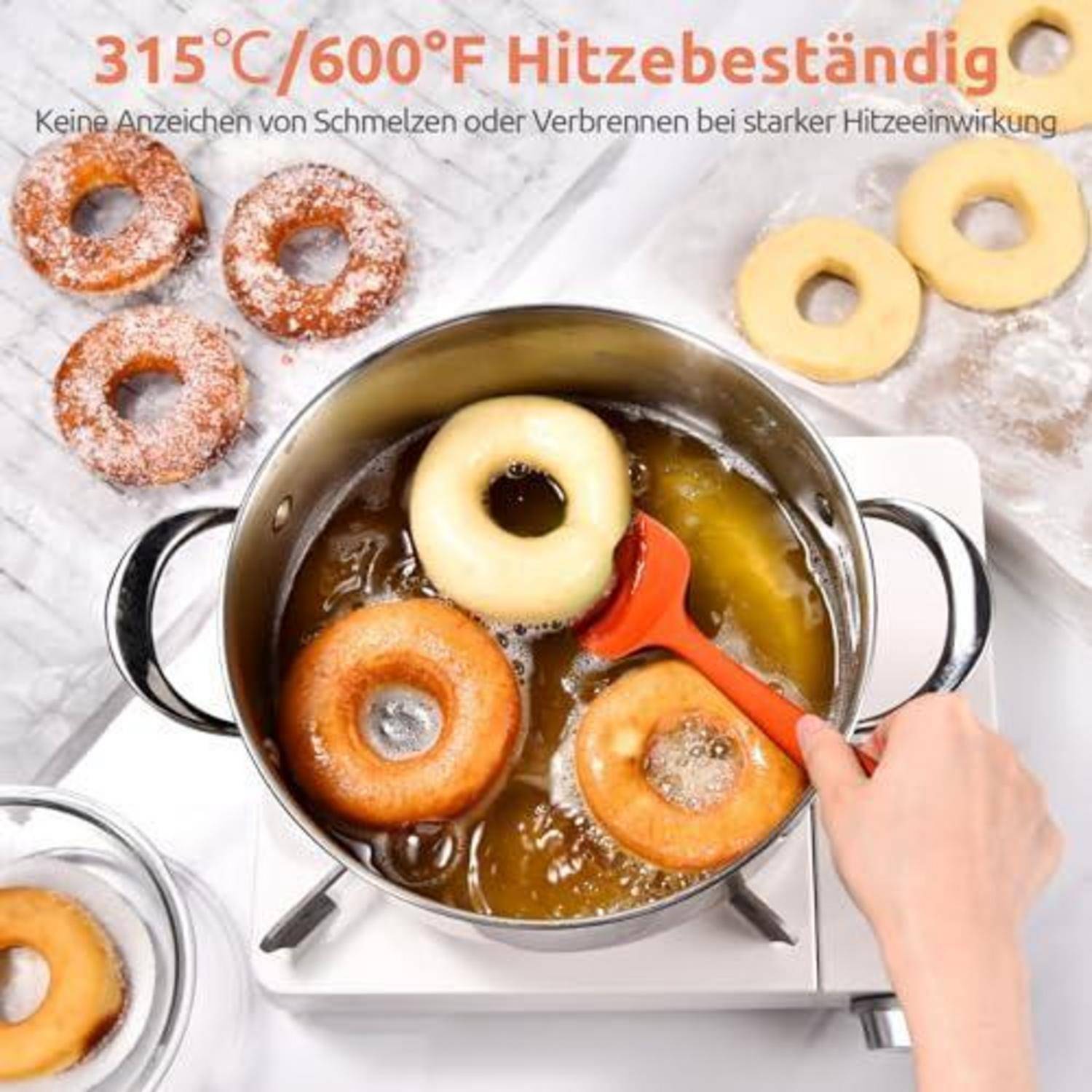 Donuts werden in einem Topf frittiert; Text besagt „315°C/600°F hitzebeständig