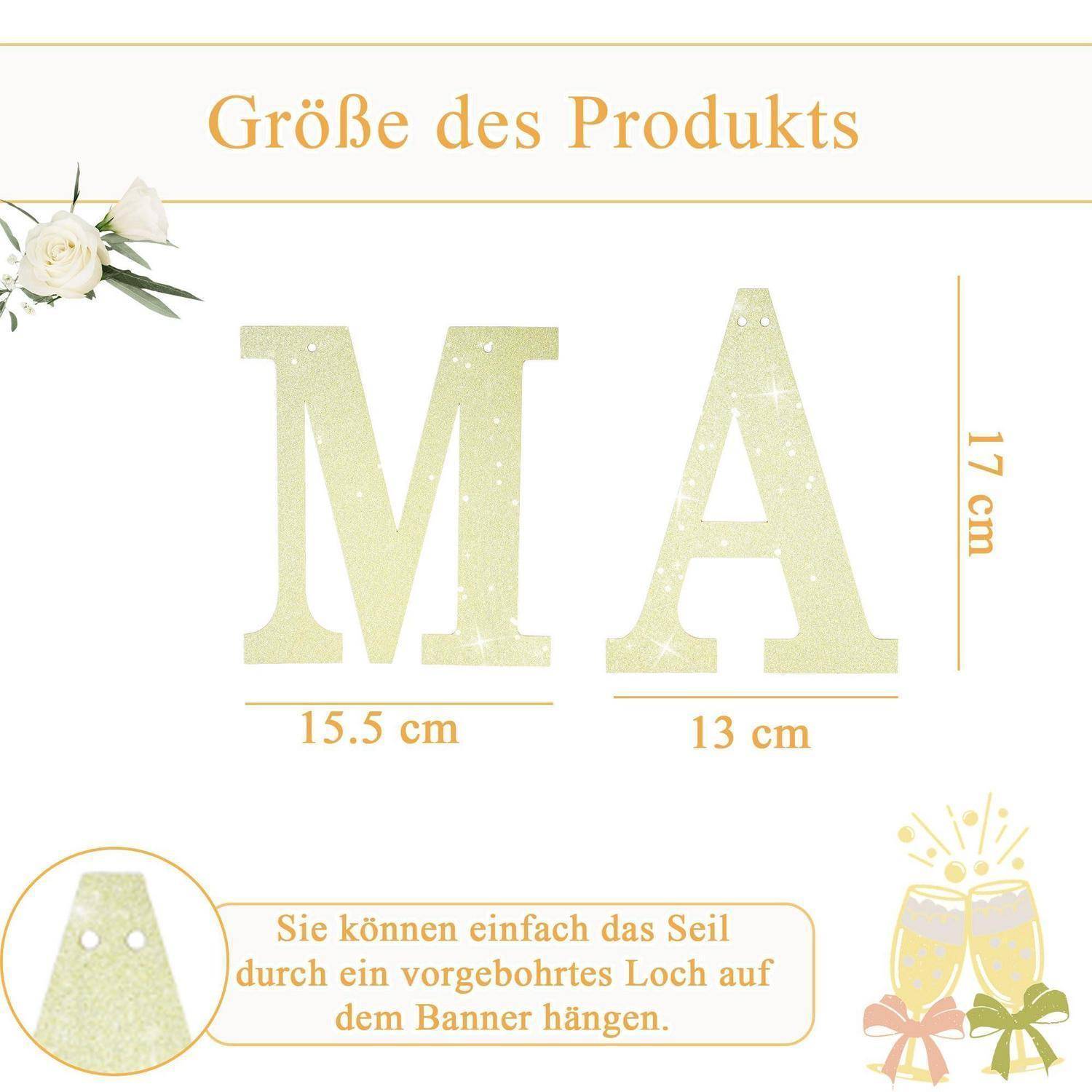 Produktgrößengrafik für dekorative Buchstaben „MA": M ist 15,5 cm breit, A ist 13 cm breit, und beide sind 17 cm hoch; enthält Aufhängungsanleitung in Deutsch.