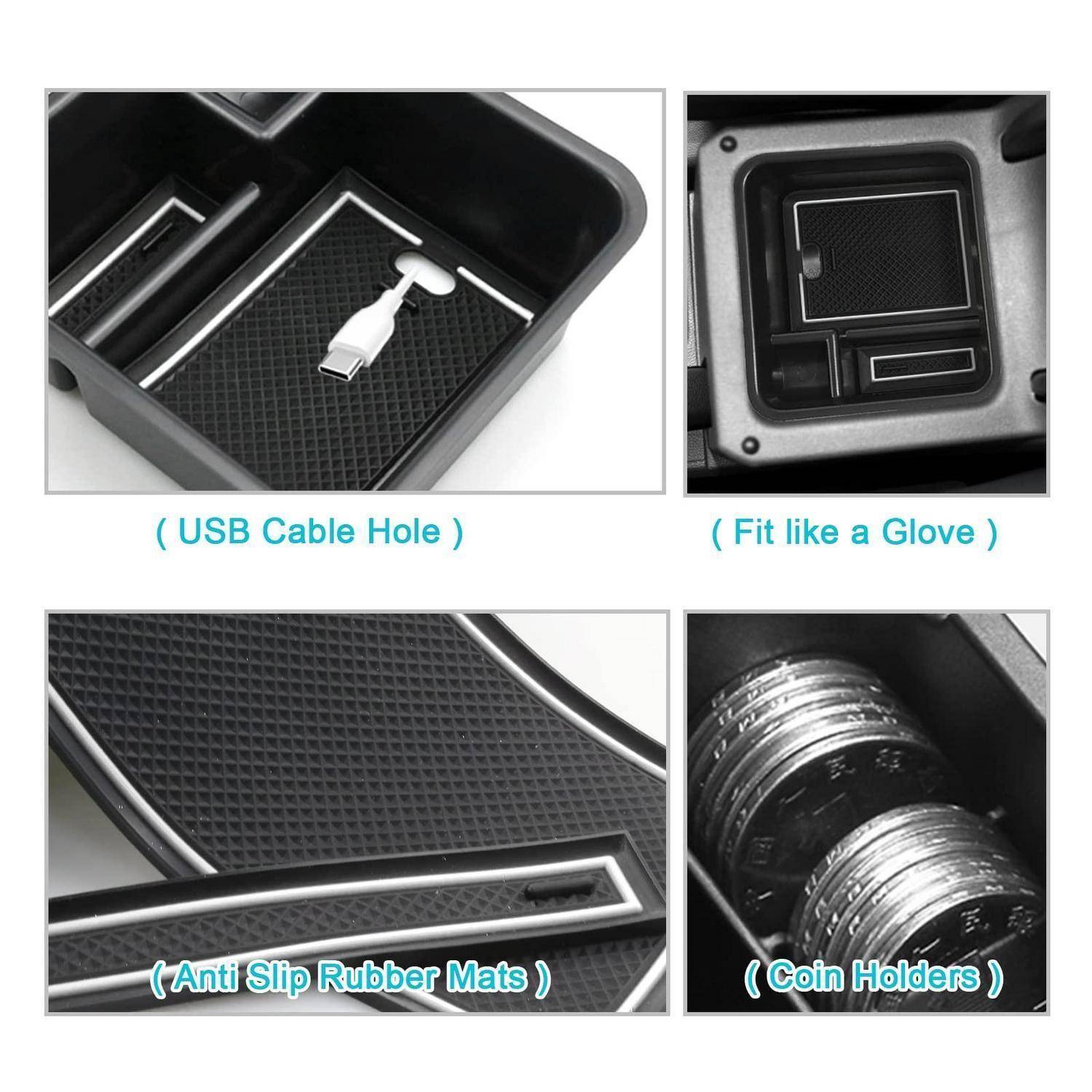 Composite-Bild eines Autokonsolen-Organizers mit USB-Kabel-Loch, perfekter Passform, rutschfester Gummimatte und Münzhaltern.