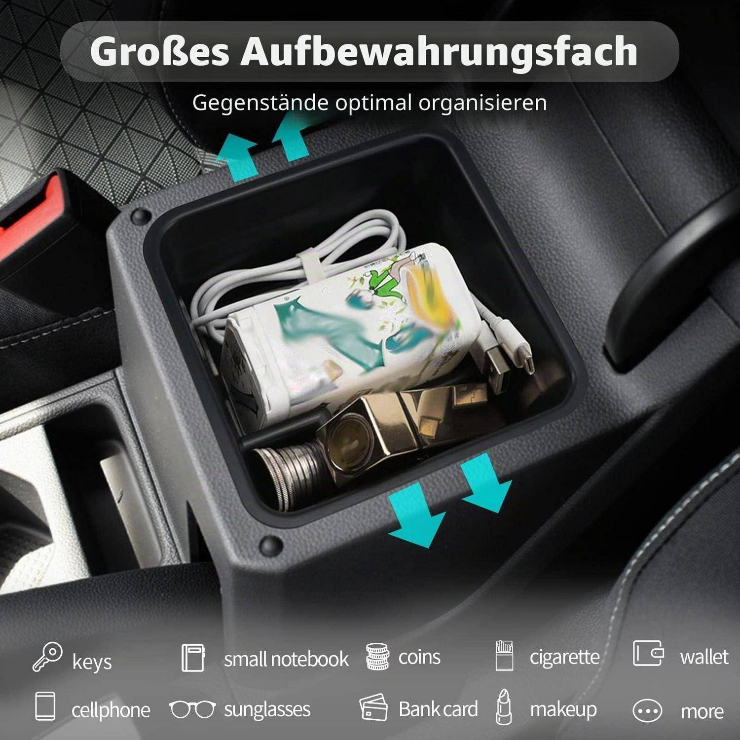 Aufbewahrungskompartiment für die Autokonsole, das Kabel, Ladegerät, Schlüssel und Münzen aufbewahrt, mit deutschem Text "Großes Aufbewahrungsfach"" und ""Gegenstände optimal organisieren"".