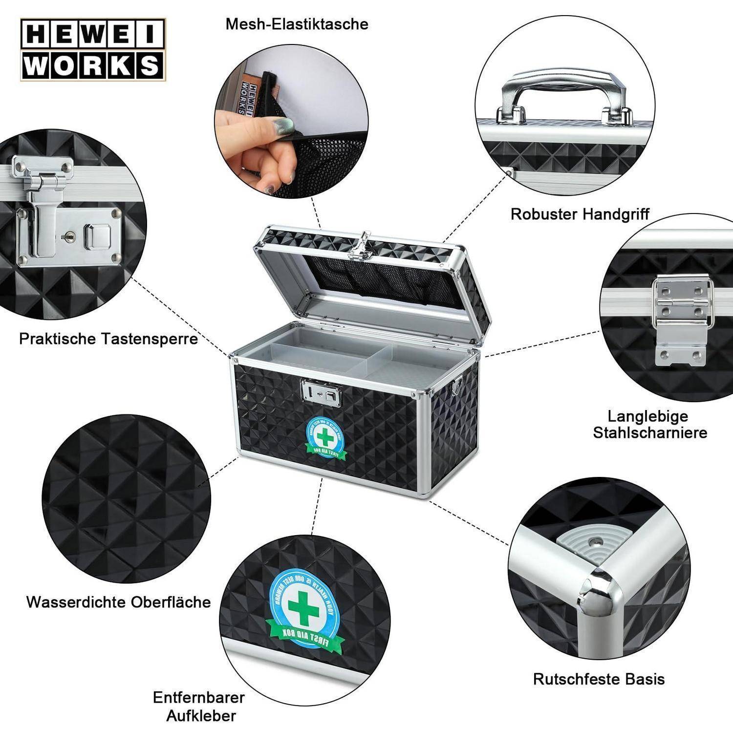 Kommentiertes Produktbild einer HEWEI WORKS Aufbewahrungsbox mit Schlüsselfunktionen: Netz-Elastiktasche, robuster Griff, Zahlenschloss, strapazierfähige Stahlscharniere, wasserdichte Oberfläche, abnehmbarer Aufkleber und rutschfeste Basis.