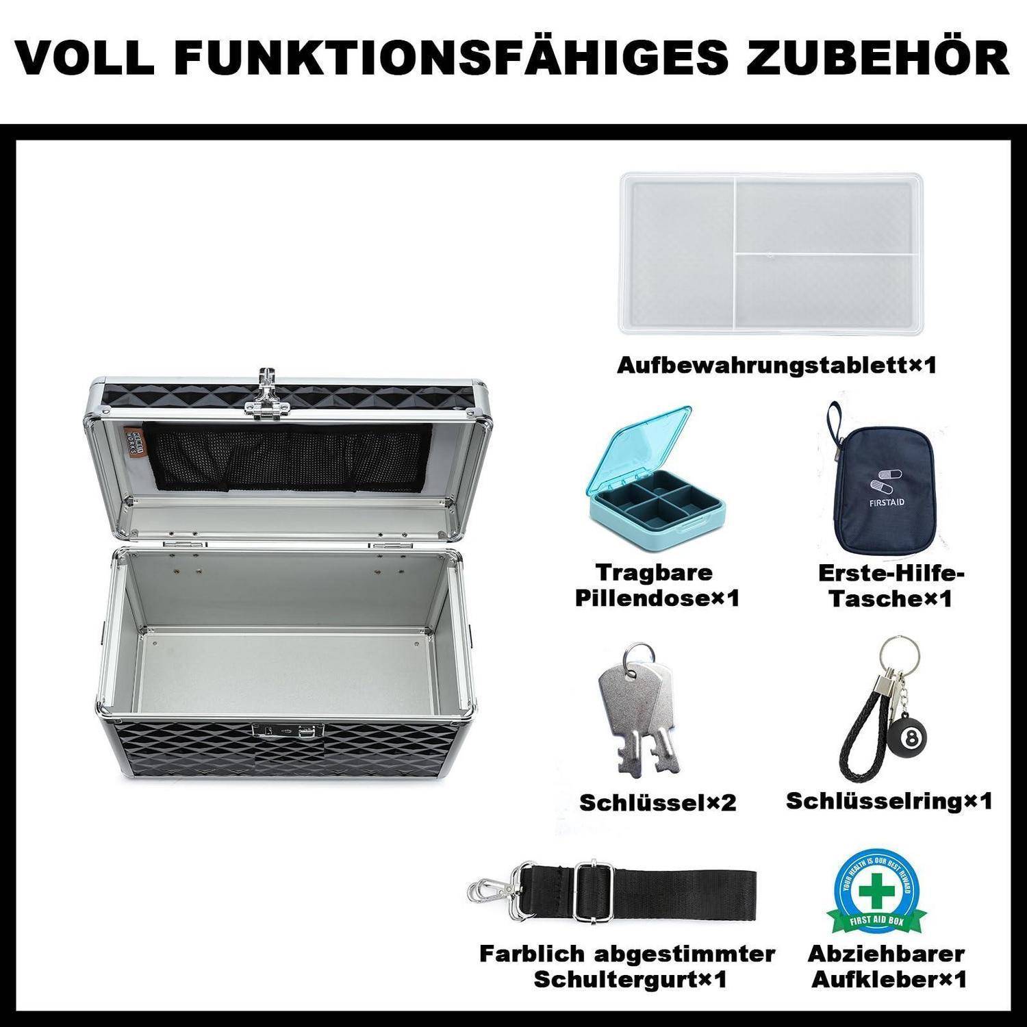 Mit einem silbernen Gehäuse mitgelieferte Zubehörteile: Aufbewahrungsfach, tragbare Pillendose, Erste-Hilfe-Tasche, 2 Schlüssel, 1 Schlüsselring, passender Schultergurt und abnehmbarer Aufkleber.
