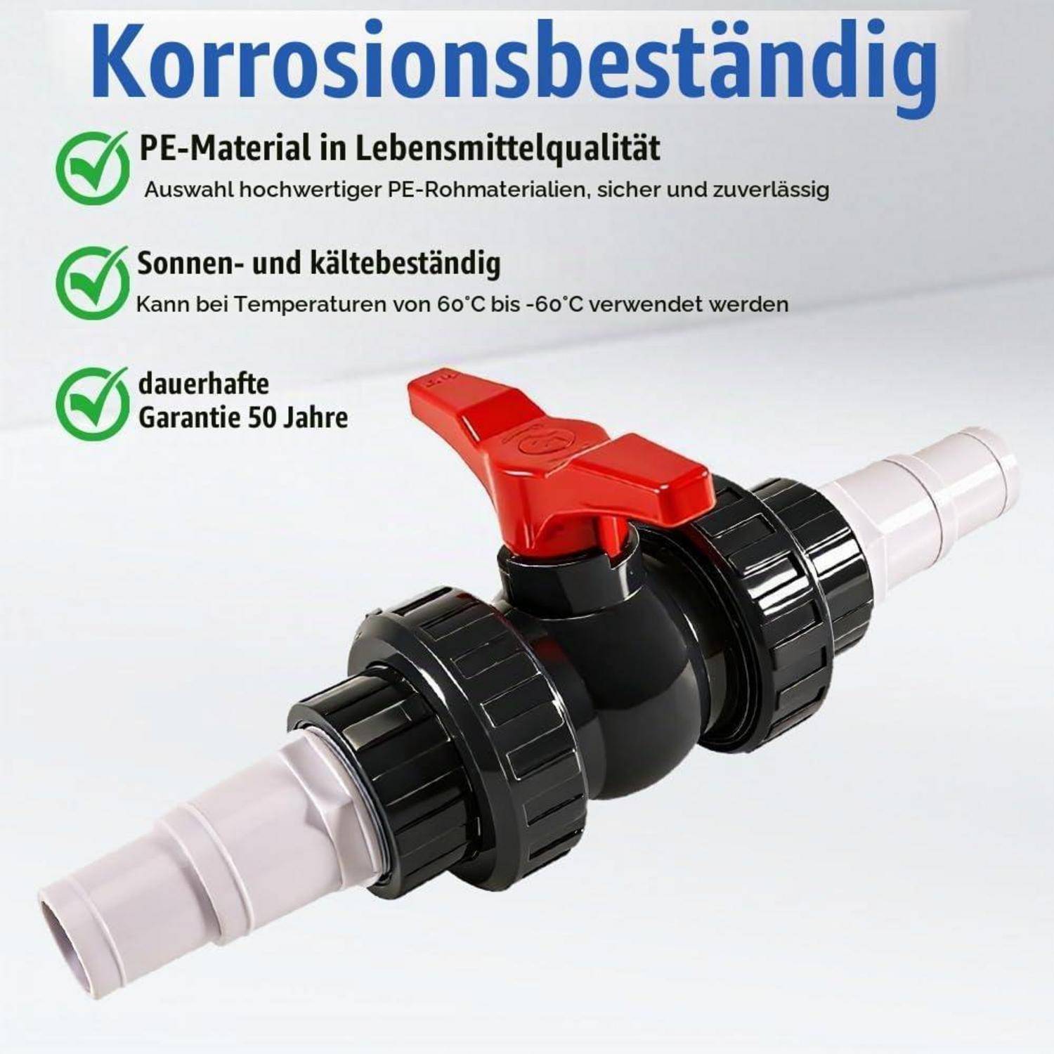 Produktbild eines schwarzen Rohrventils mit rotem Griff. Deutscher Text besagt „Korrosionsbeständig