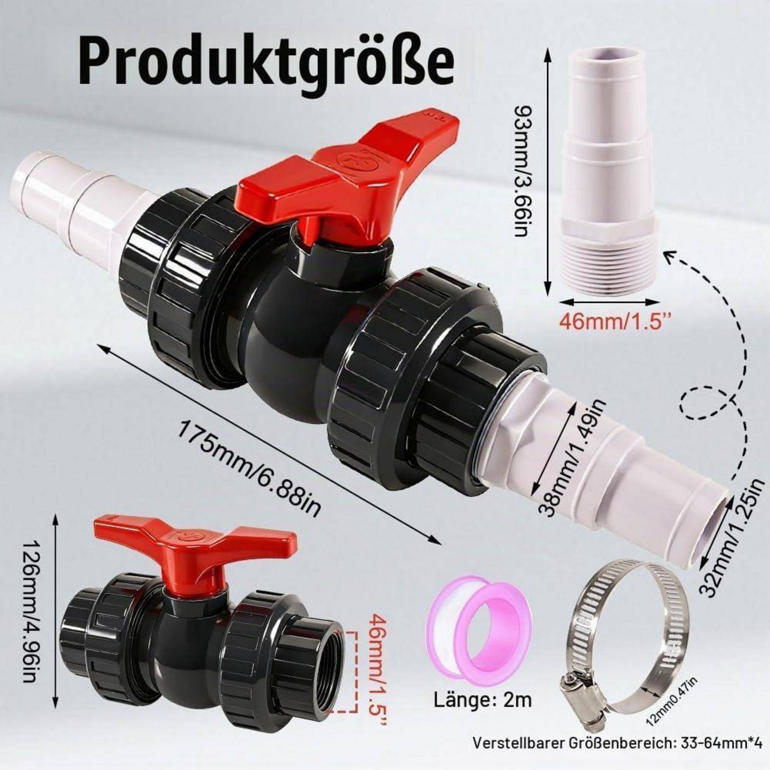 Produktgrößendiagramm mit einem schwarzen Ventil mit rotem Griff und weißen Anschlüssen, mit gekennzeichneten Abmessungen: 175 mm Länge, 126 mm Höhe, 93 mm, 46 mm, 38 mm und 32 mm, plus 2 m Klebeband und Einstellbereich 33-64 mm.