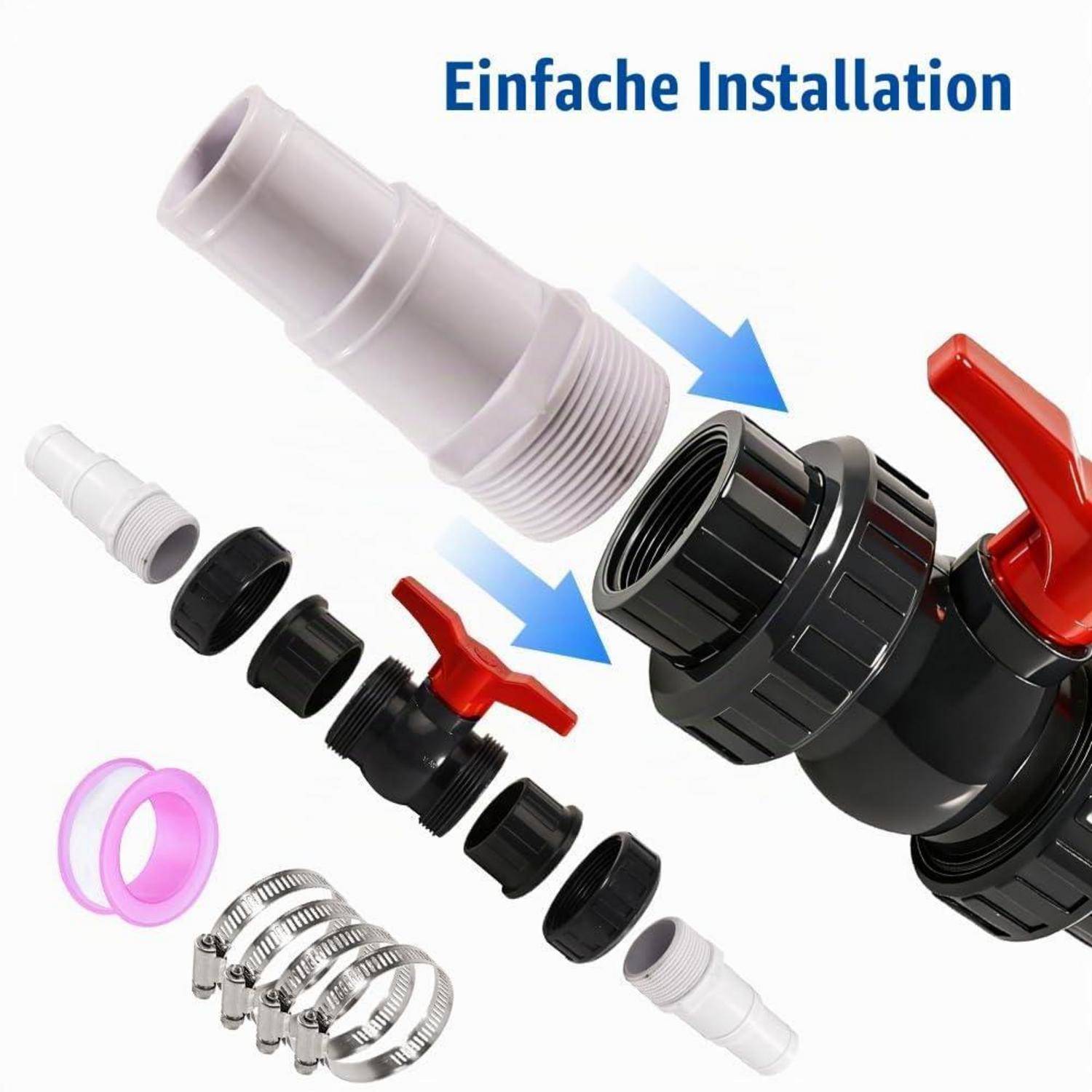 Diagramm zur einfachen Installation einer Schlauchanschlussfitting mit Gewindestecker, Ventilen, Adaptern, Klemmen und Pfeilen, die die Montagereihenfolge angeben.