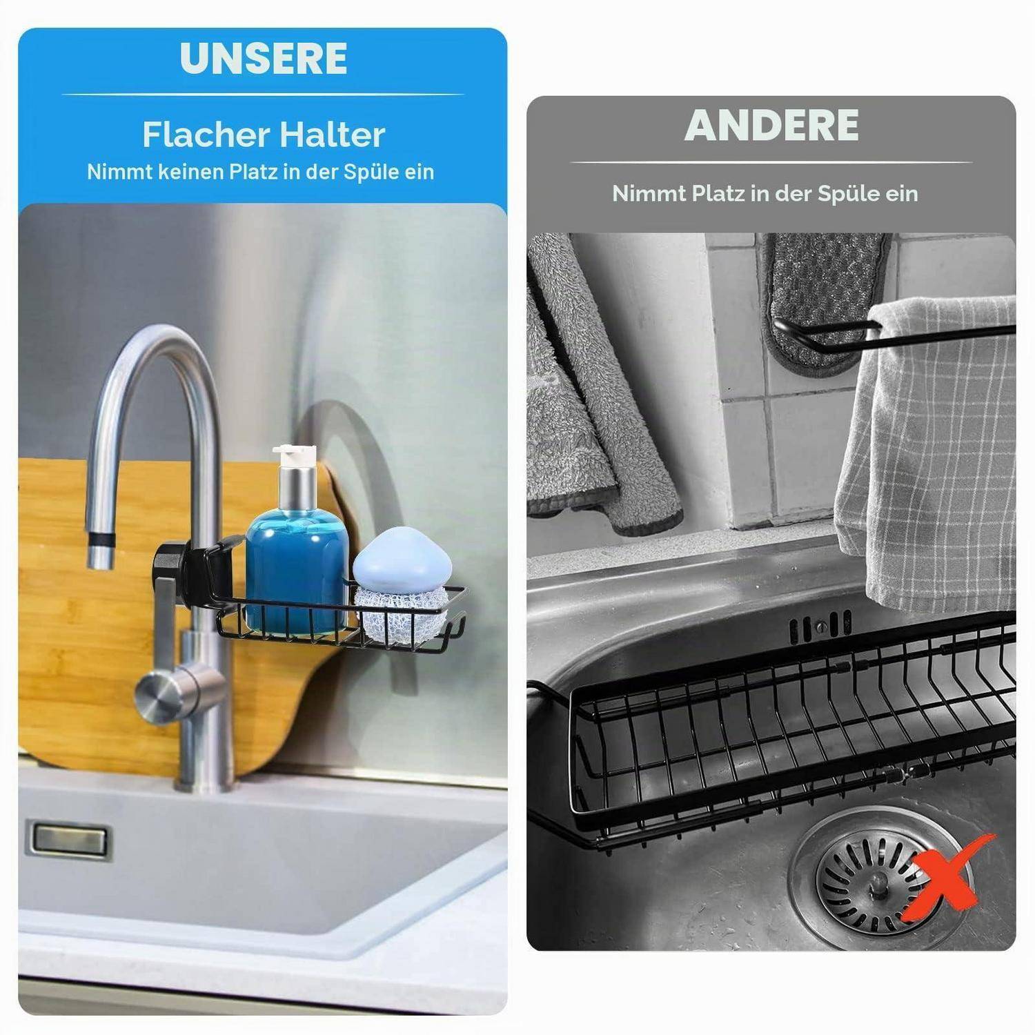 Vergleichsgrafik zeigt „UNSERE Flacher Halter" nimmt keinen Platzbelag ein, während „ANDERE"" Platzbelag einnimmt, mit einem Spülbecken-Organizer und einem durchgestrichenen Ablaufbereich.