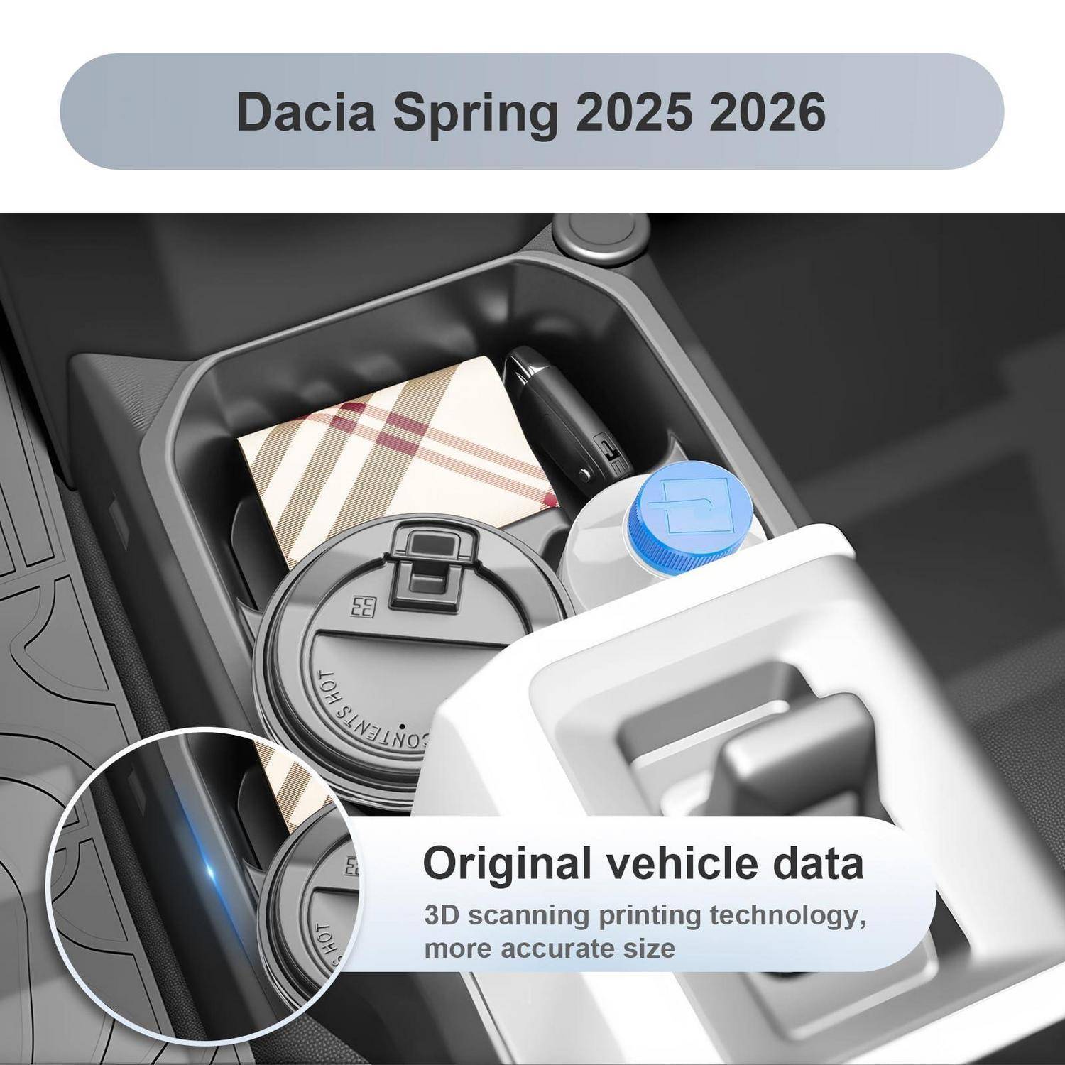 Dacia Spring 2025-2026 Mittelspeicher-Ablage mit Getränkeflasche, Becher und anderen Gegenständen, bezeichnet als „Originale Fahrzeugdaten