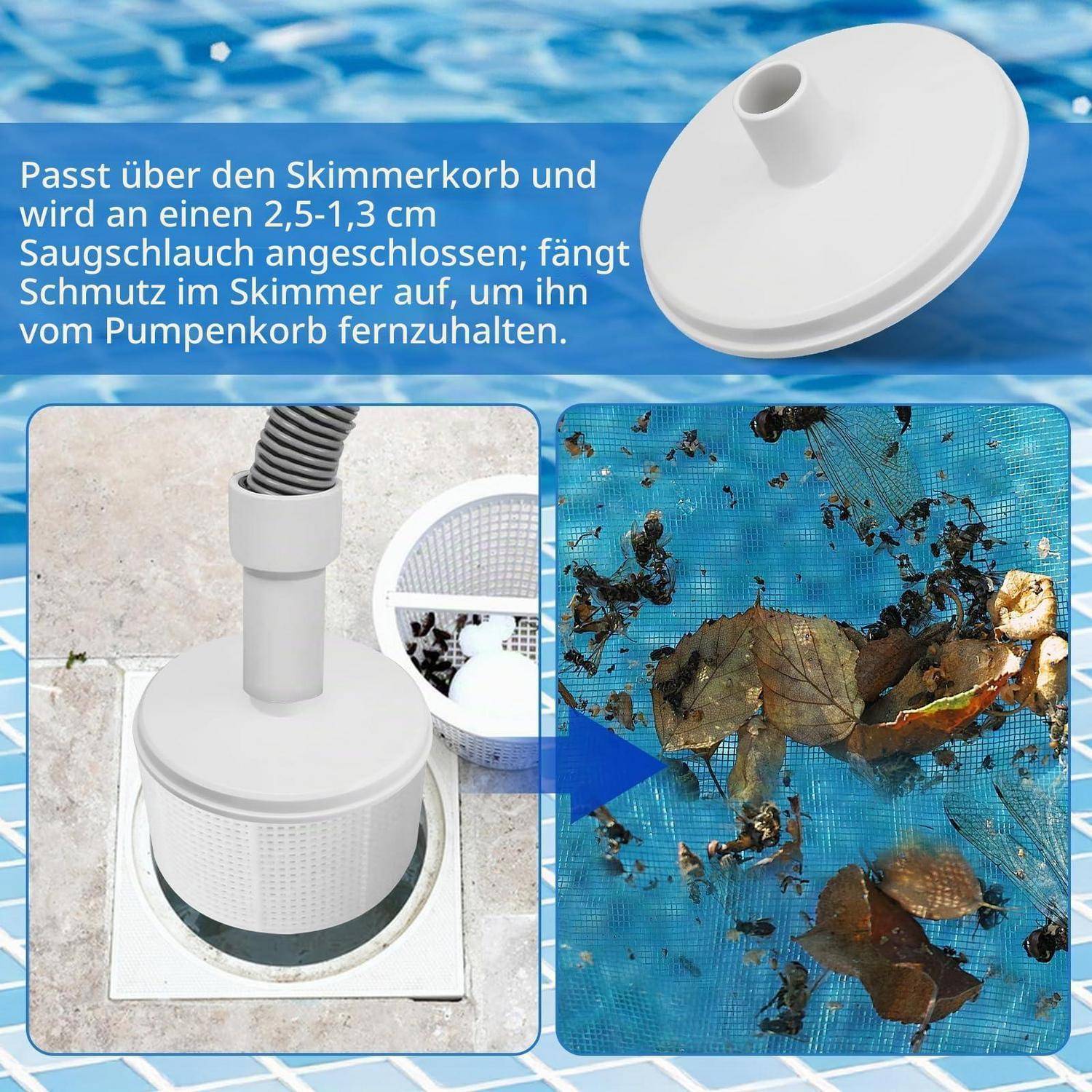 Diagramm zeigt eine Skimmer-Sockenabdeckung an einem Pool-Skimmer, angebracht an einem 2,5-1,3 cm Ansaugeschlauch, der Verschmutzungen abfängt, bevor sie den Pumpenkorb erreichen.
