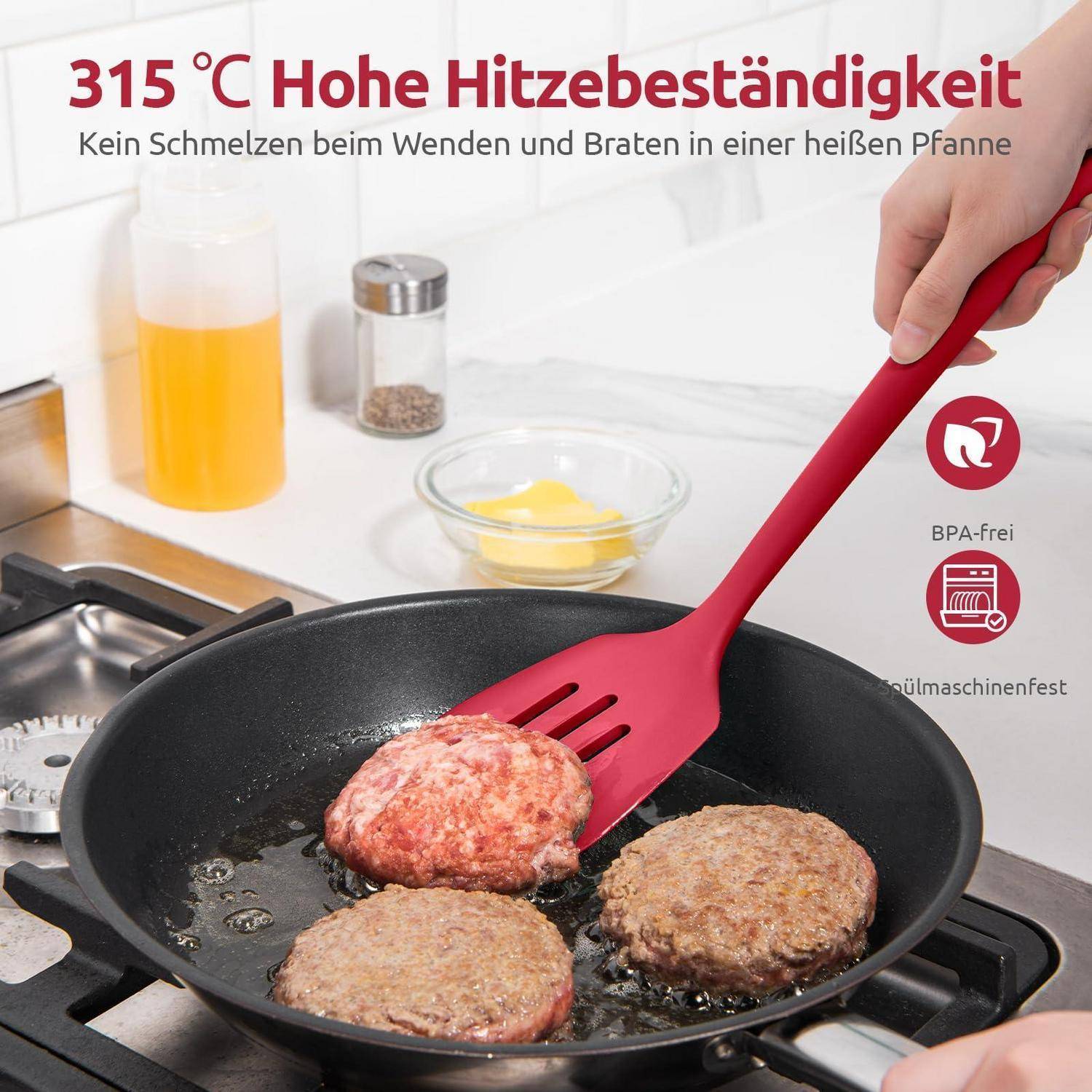 Kochgeschirr-Anzeige mit rotem Spatel, der Burger in einer heißen Pfanne wendet, mit Hervorhebung der Merkmale „Hitzebeständigkeit bis 315°C