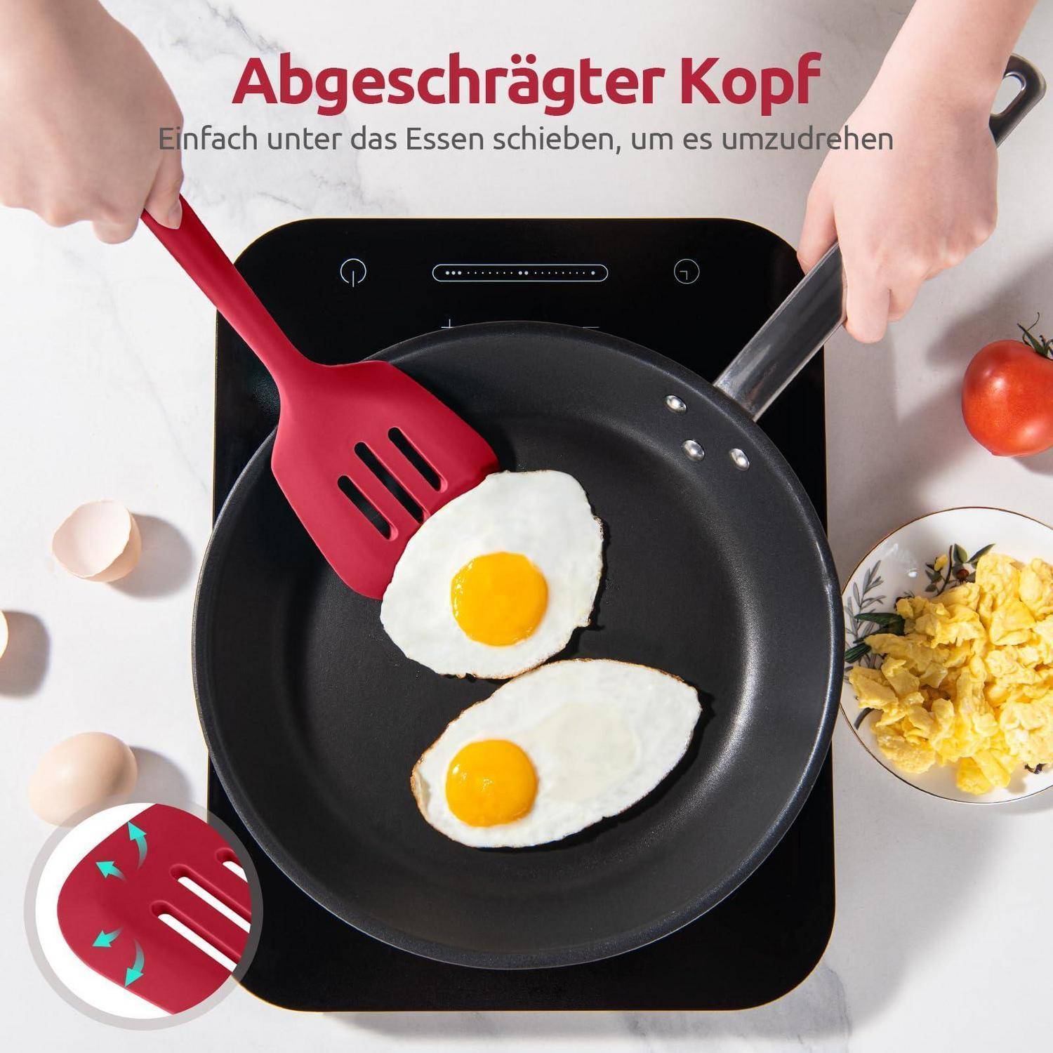 Illustration eines Schiebers mit abgeschrägtem Kopf, der zwei Spiegeleier in einer Pfanne auf einem Kochfeld wendet, mit deutschem Text „Abgeschrägter Kopf