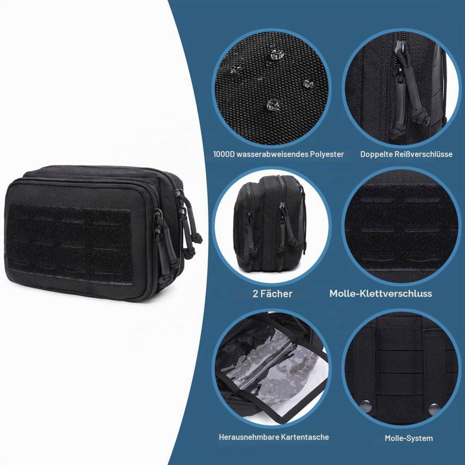 Schwarze taktische Schultertasche mit Funktionsangaben: wasserdichtes Polyester, Doppelreißverschlüsse, zwei Fächer, MOLLE-Klettverschluss, abnehmbare Kartentasche und MOLLE-System.