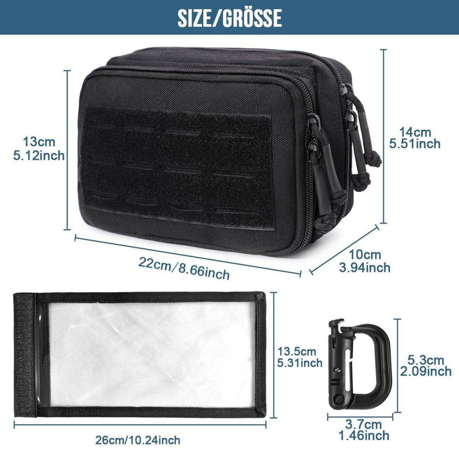 Größendiagramm einer schwarzen Tasche mit Reißverschluss und abnehmbarem transparentem Organizer-Einsatz mit beschrifteten Abmessungen: Tasche 22 x 13 x 14 cm; Einsatz 26 x 13,5 cm; Clip 3,7 x 5,3 cm.
