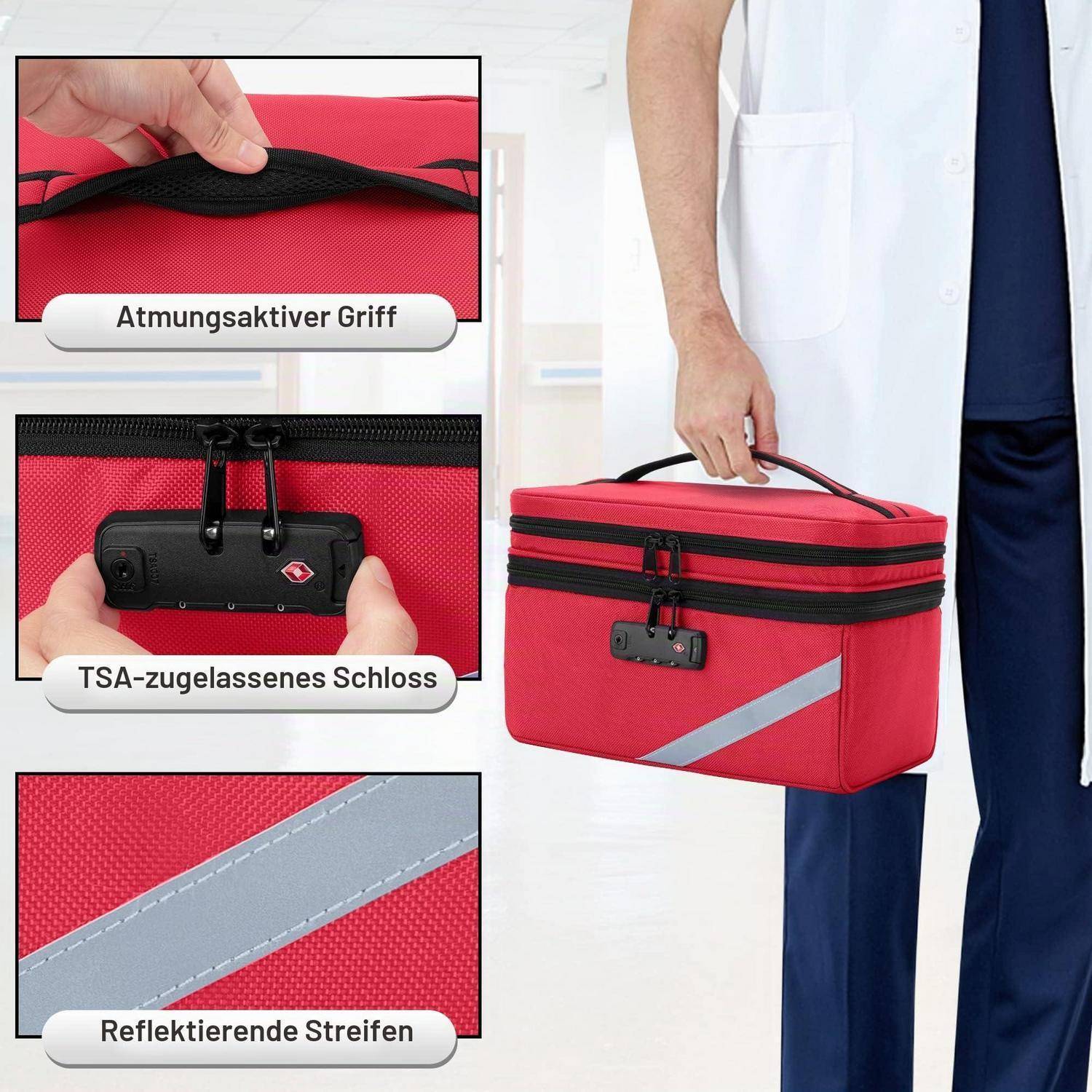 Rote medizinische Tasche mit Tragegriff, Reißverschluss, TSA-geprüftem Schloss und reflektierendem Streifen; eingefügte Etiketten in Deutsch heben diese Funktionen hervor.