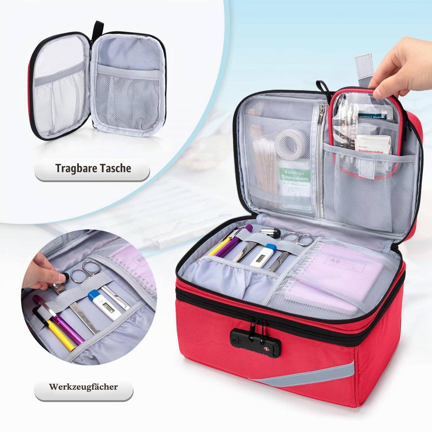 Rote Reißverschluss-Organizer-Tasche mit mehreren Mesh-Fächern, die kleine Werkzeuge und Materialien enthält, geöffnet dargestellt mit beschrifteten Taschen „Tragbare Tasche" und „Werkzeugfächer"".