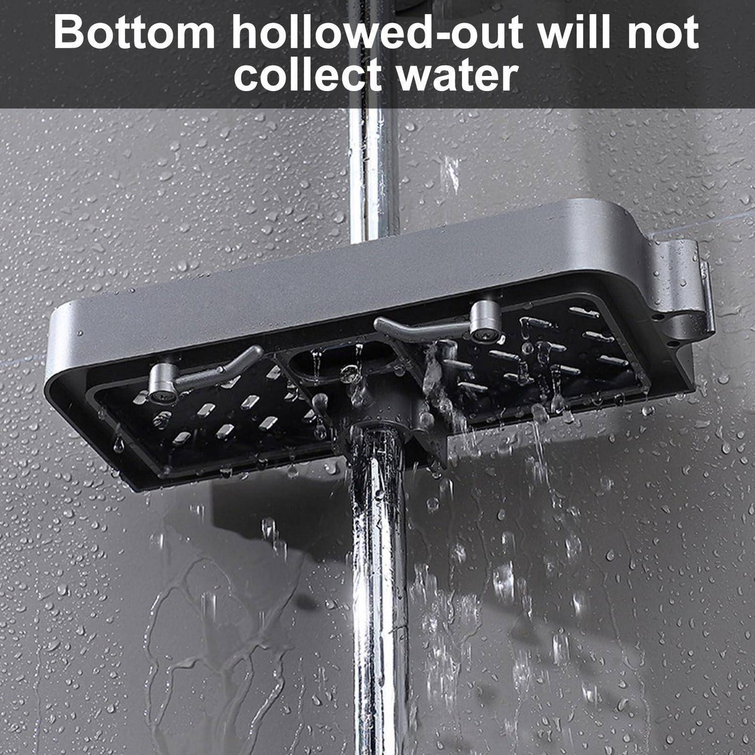 Duschkopf mit Wasser, das aus seinem offenen Boden abfließt; Text besagt „Ausgespülter Boden sammelt kein Wasser".