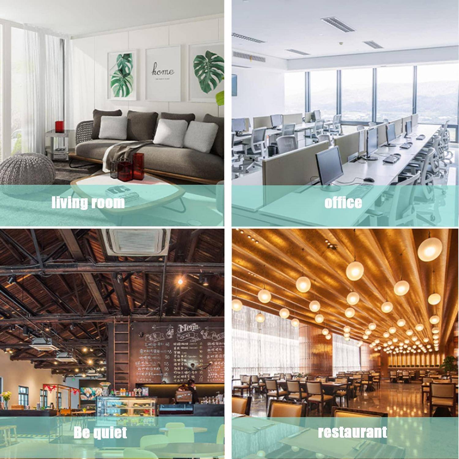 Vierteilige Collage von Innenräumen mit den Beschriftungen „Wohnzimmer", „Büro"", „Ruhe bitte"", und „Restaurant"", die Wohn-, Arbeits-, Café- und Essbereiche zeigen.