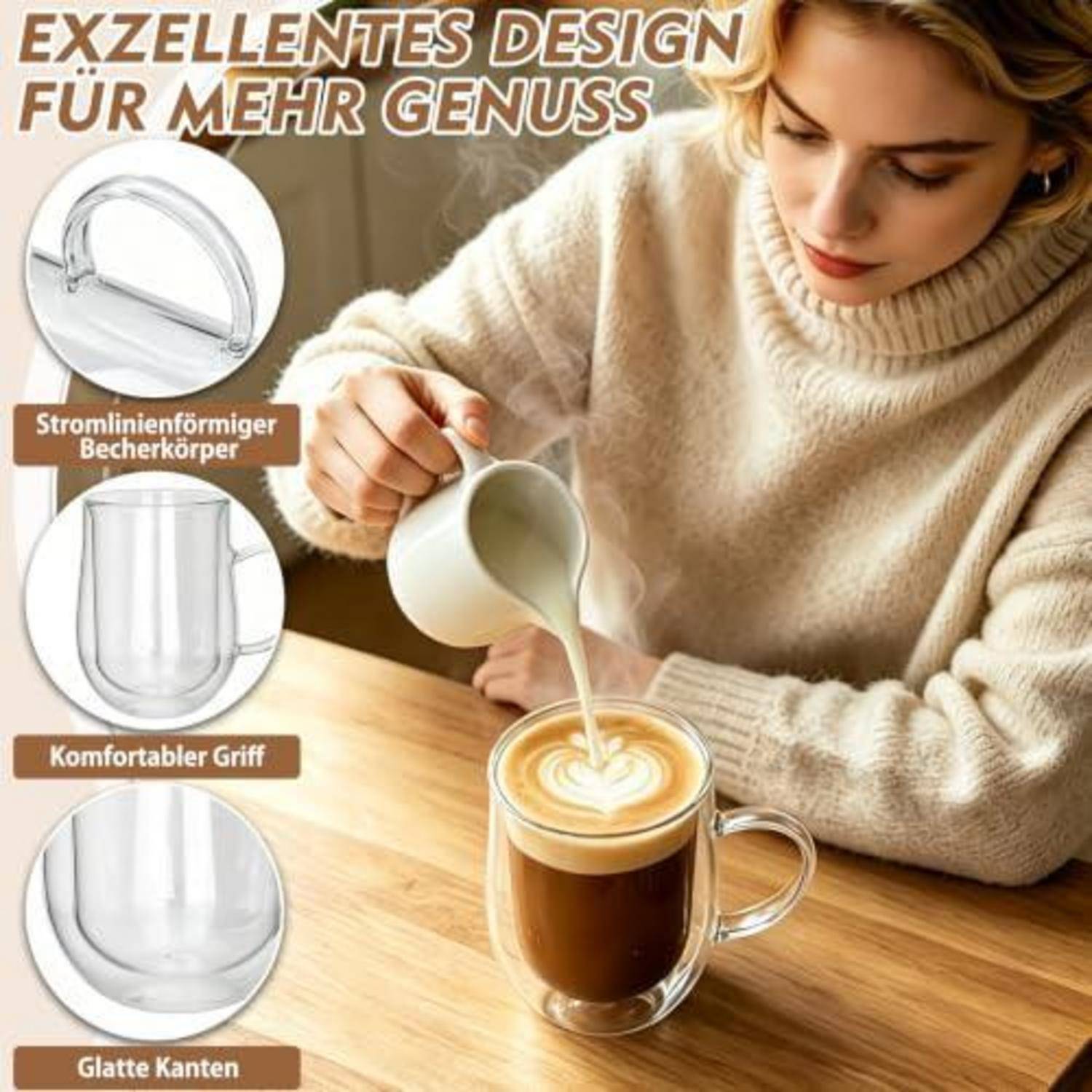 Eine Frau gießt Milch in eine Kaffeetasse; die Anzeige hebt eine transparente Tasse mit stromlinienförmigem Körper, ergonomischem Griff und glatten Kanten hervor.