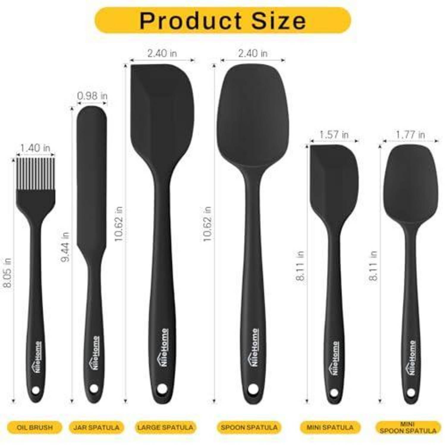 Produktgrößentabelle mit sechs schwarzen Küchenutensilien mit beschrifteten Abmessungen: Ölbürste, Gläserspatula, große Spatula, Löffelspatula, Mini-Spatula und Mini-Löffelspatula.