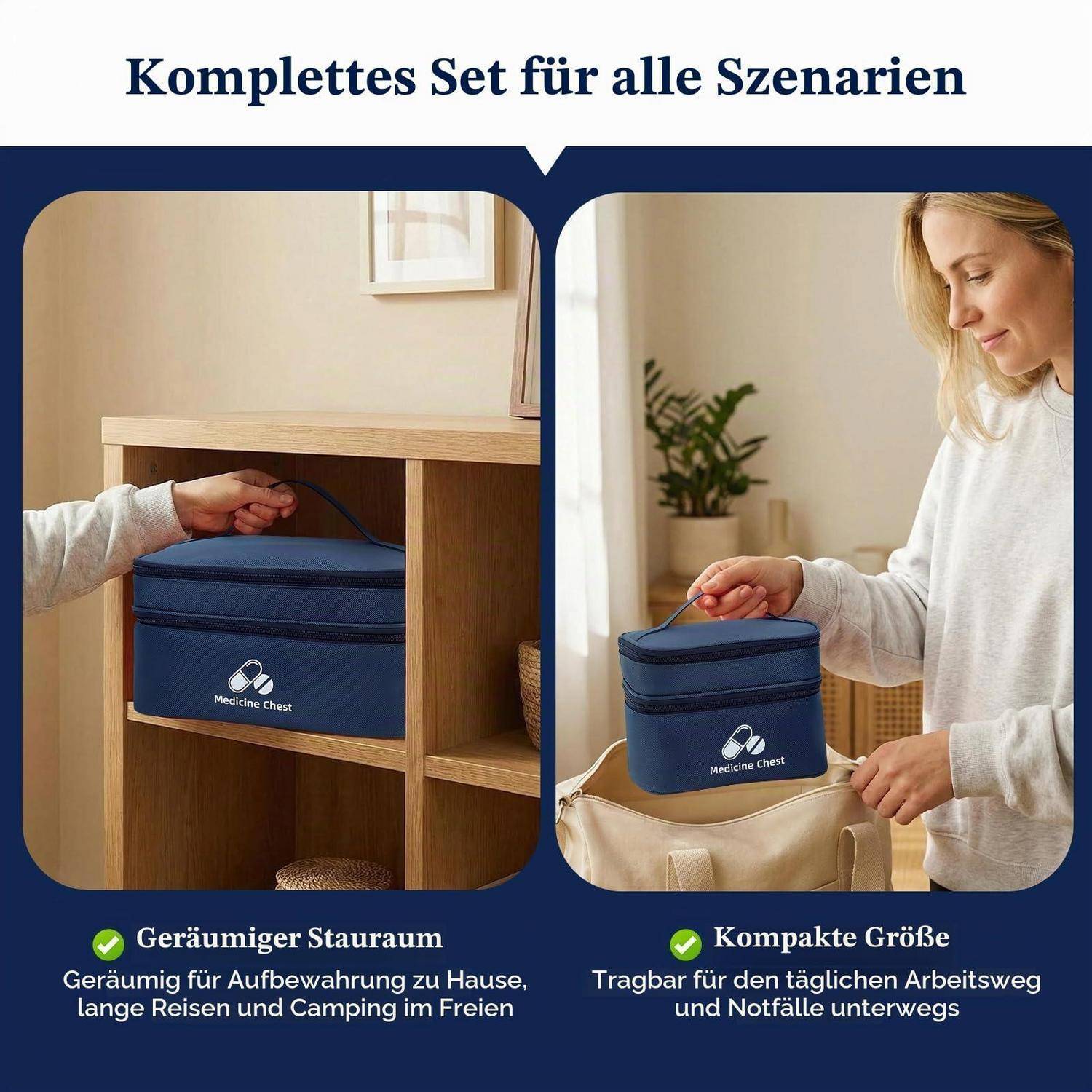 Werbegrafik zeigt eine blaue Medizin-Aufbewahrungstasche in einem Regal und wird von einer Frau getragen; hebt großen Stauraum und kompakte tragbare Größe für zu Hause, Reisen, Camping und Notfälle hervor.