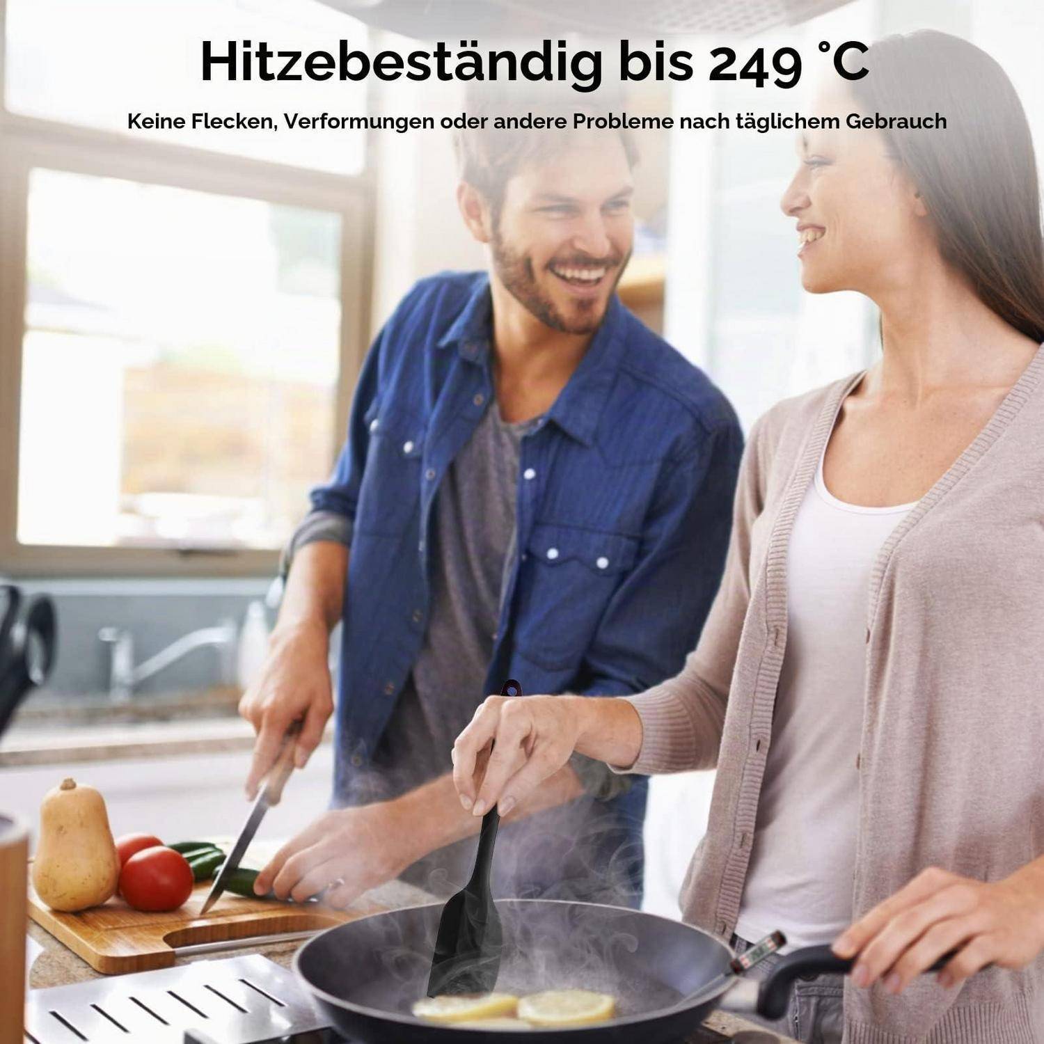 Glückliches Paar kocht in einer Küche; deutscher Text sagt „Hitzebeständig bis 249°C