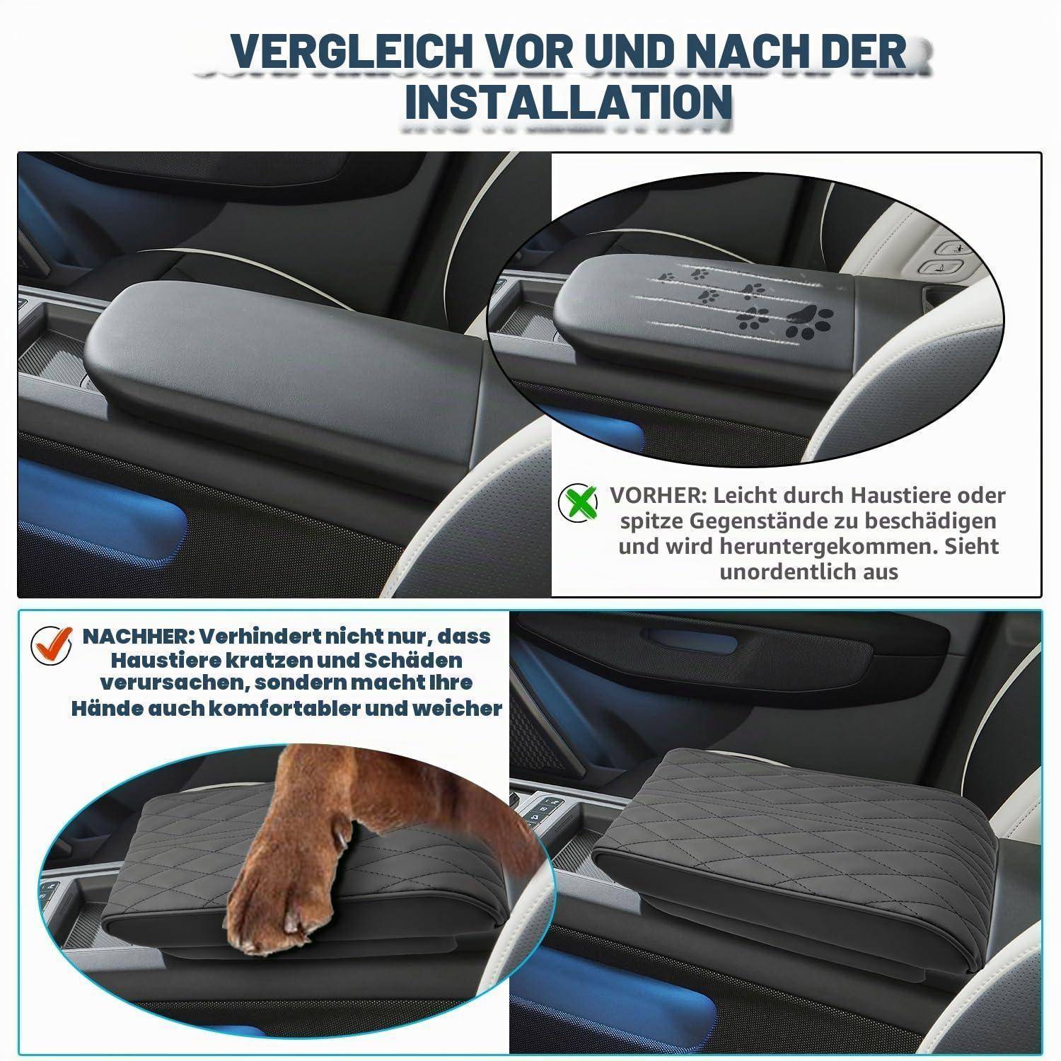 Vorher-Nachher-Vergleich einer Autokonsolen-Armlehnenabdeckung: Die alte Armlehne ist zerkratzt und beschädigt, während die installierte gesteppte Abdeckung sie schützt und gepflegter aussieht.