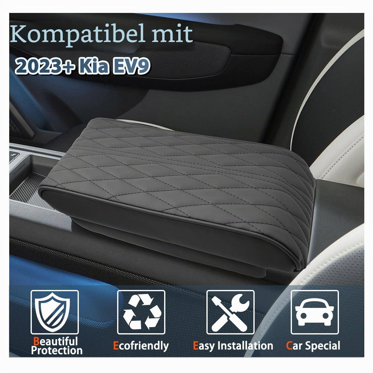 Autositzkissenbezug für Kia EV9 2023+, mit Text „Kompatibel mit 2023+ Kia EV9" und Symbolen für Schutz, Umweltfreundlichkeit, einfache Installation und fahrzeugspezifische Passform.