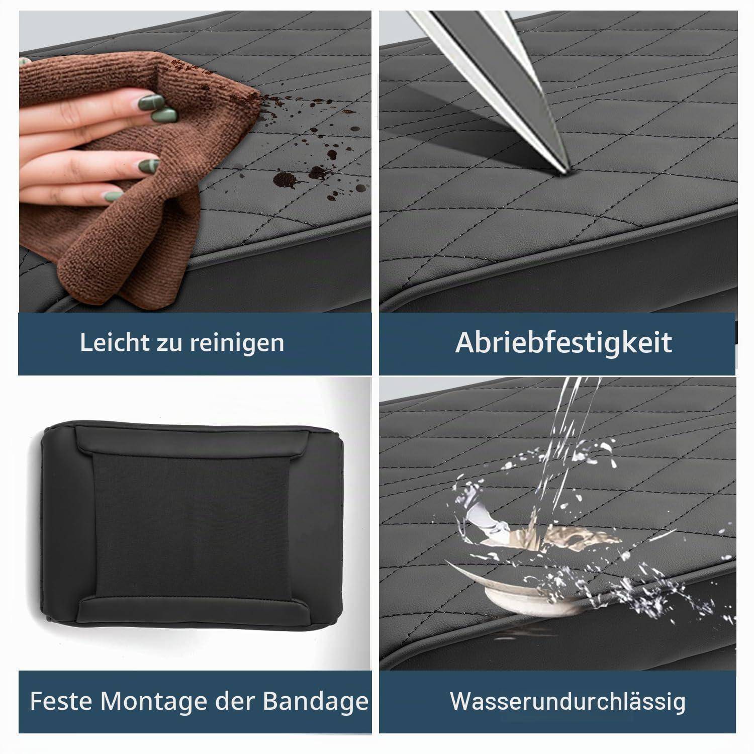 Vierteiliges Produkt-Infografik, das eine schwarze gesteppte Autositzbezug zeigt: leicht zu reinigen, verschleißfest, sicher befestigt und wasserdicht.