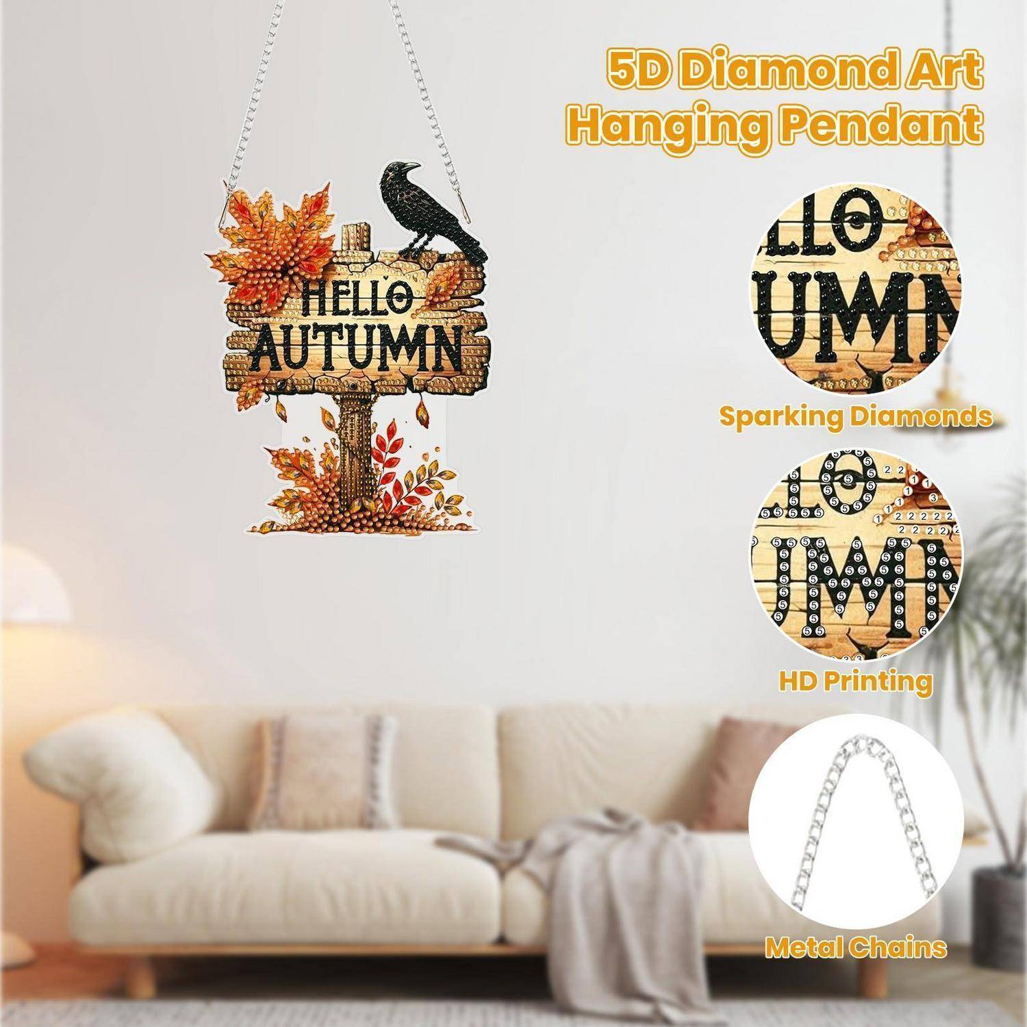 5D-Diamantkunst-Hängependel-Schild mit der Aufschrift „HELLO AUTUMN", mit Blättern und einem Vogel, als Wanddekoration mit Metallkette gezeigt.