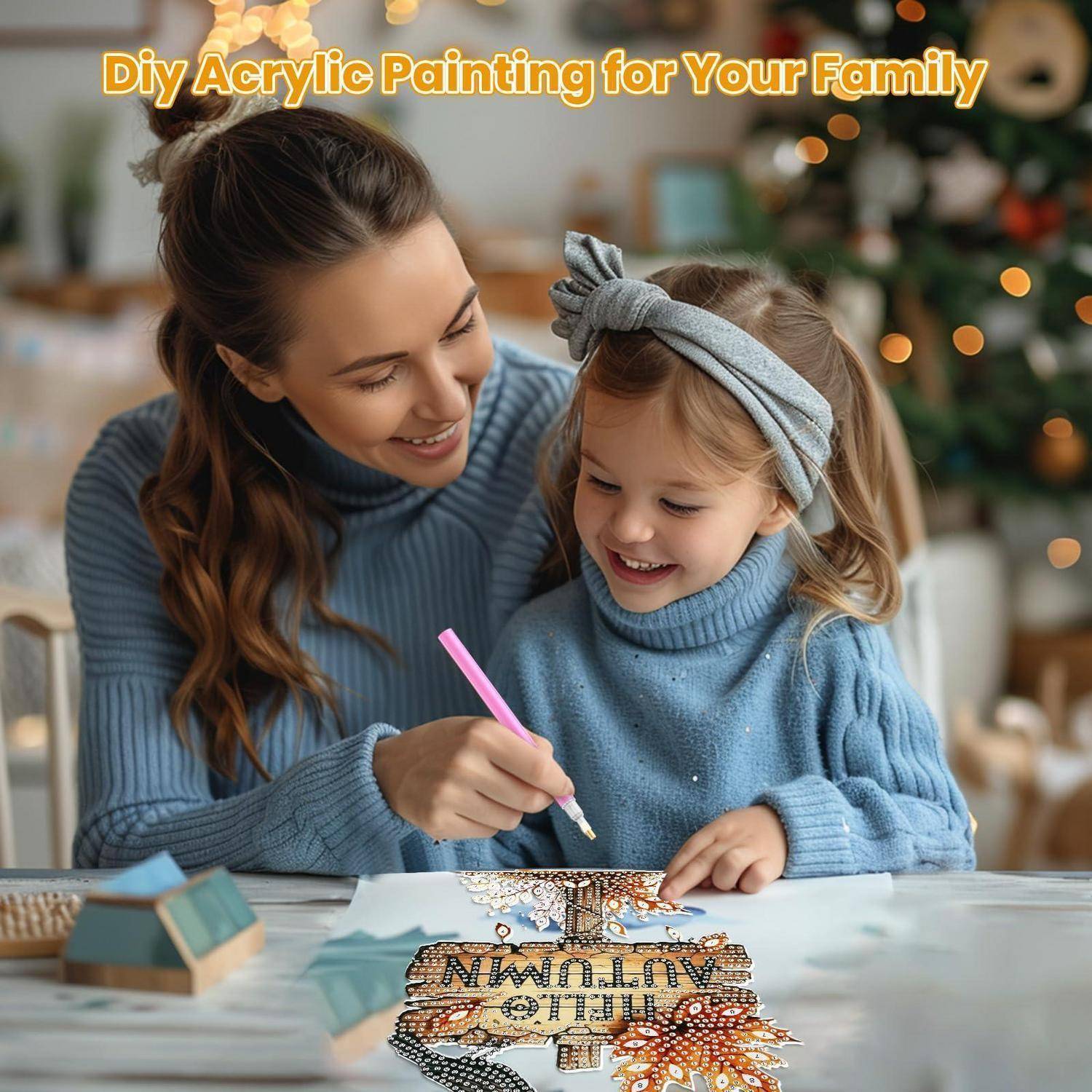 Mutter und Tochter malen zusammen ein DIY-Acrylgemälde an einem Tisch, mit dem Text „DIY-Acrylmalerei für Ihre Familie" oben.