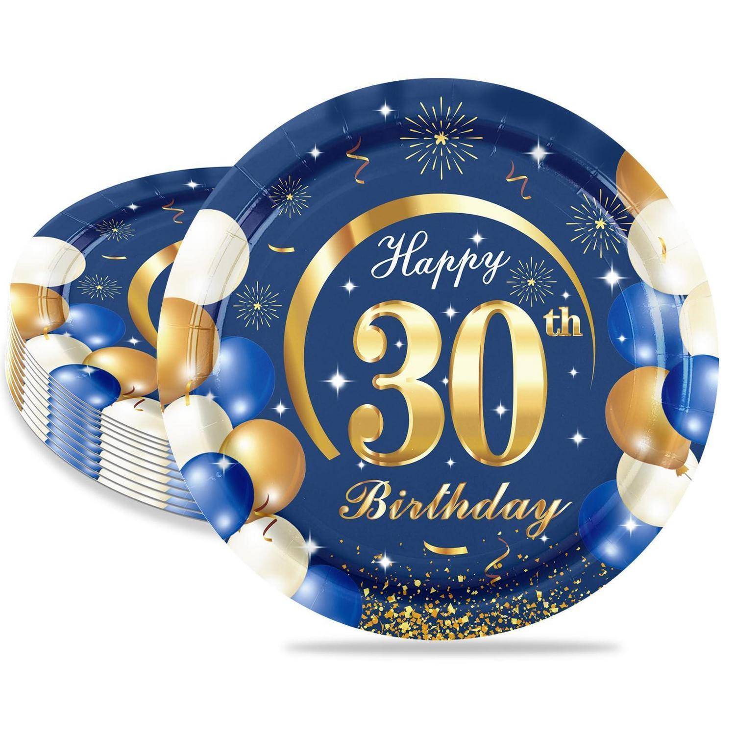 Blau und Gold Geburtstagsparty-Dekoration mit Ballons und Feuerwerk, auf dem steht „Alles Gute zum 30. Geburtstag