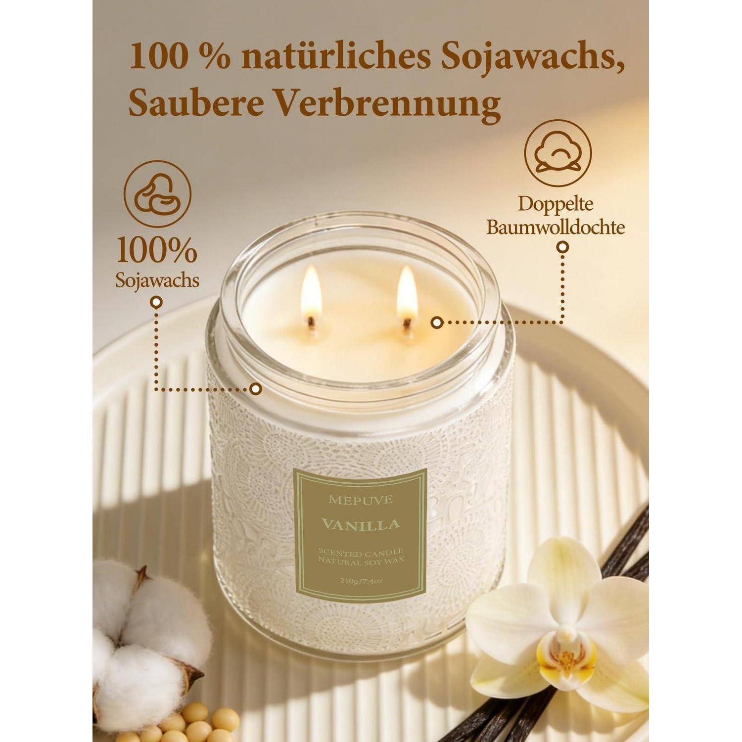 Duftkerze Vanille Sojawachs 210g 50h Brenndauer 2 Dochte weißes Glas