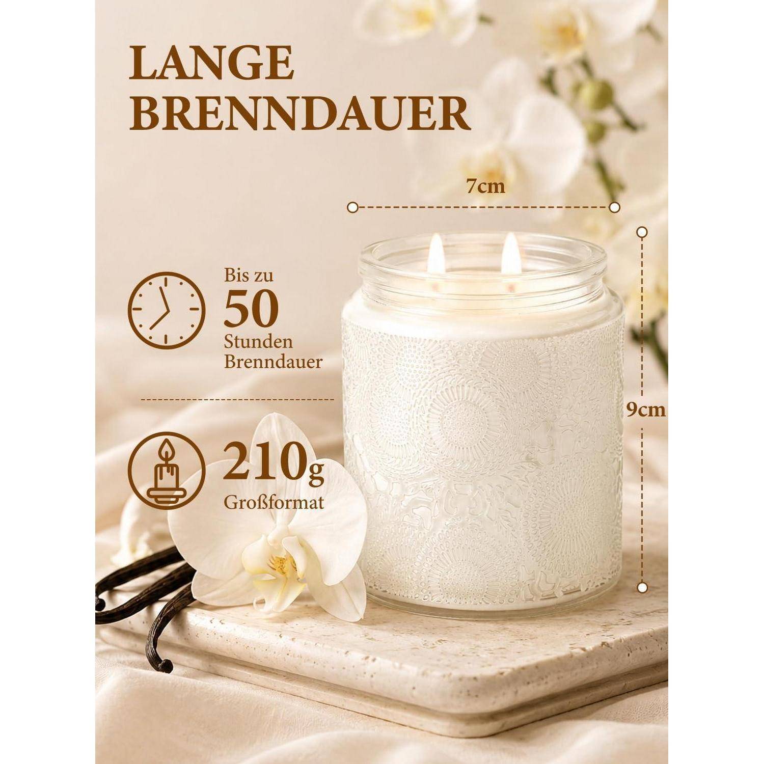 Duftkerze Vanille Sojawachs 210g 50h Brenndauer 2 Dochte weißes Glas