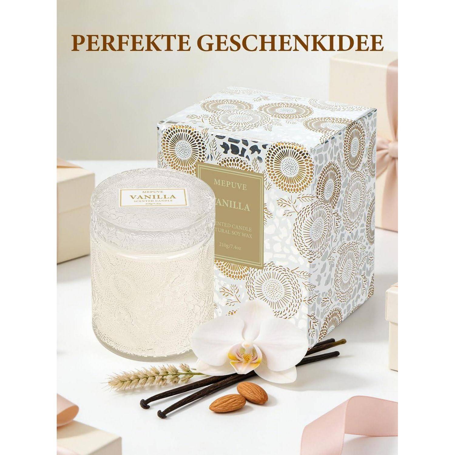 Duftkerze Vanille Sojawachs 210g 50h Brenndauer 2 Dochte weißes Glas