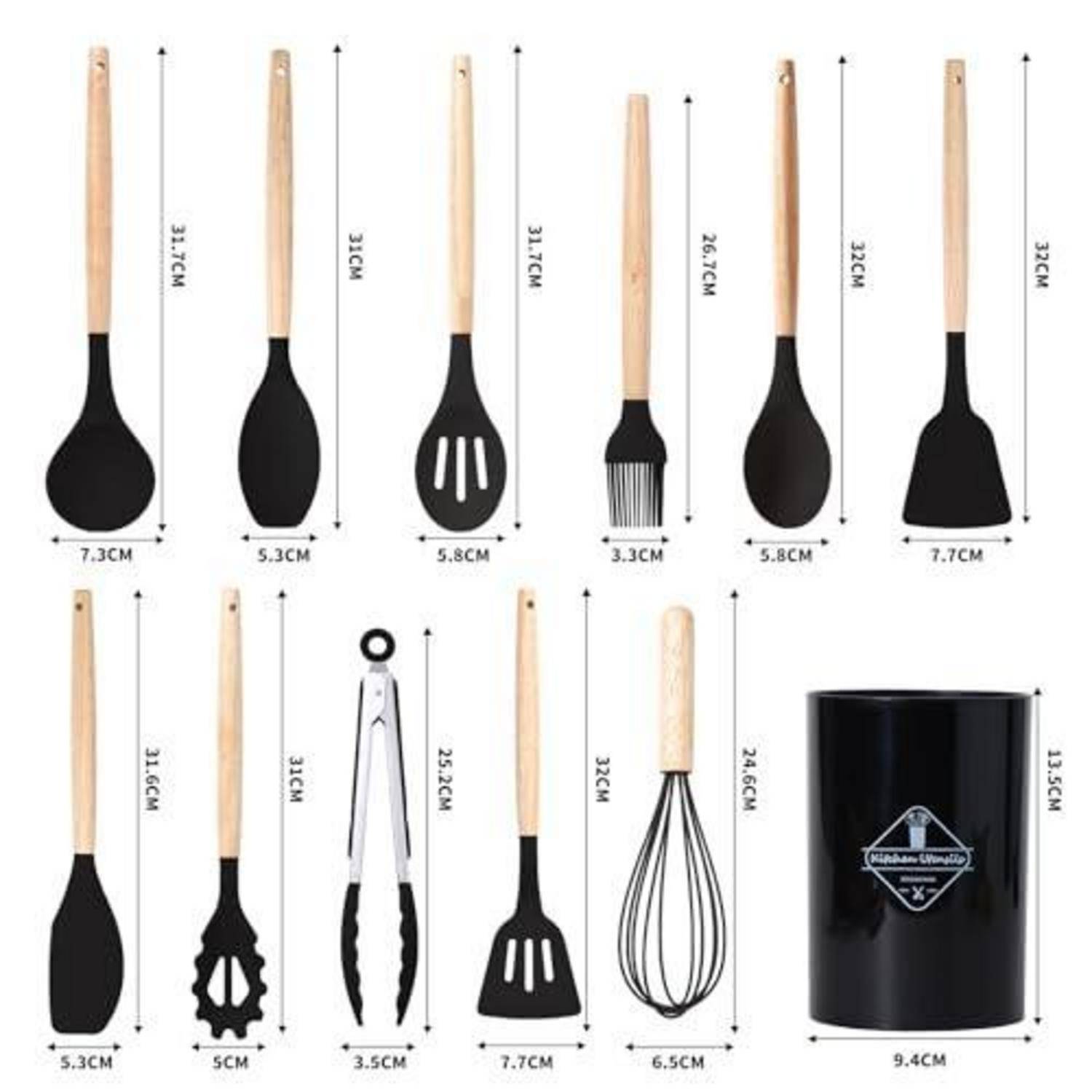 Collage von Küchenutensilien mit Größenangaben: mehrere Holzgriffige Löffel, Spachteln, ein Schneebesen, Zangen und ein schwarzer Utensil-Halter, jeweils in Zentimetern gemessen.