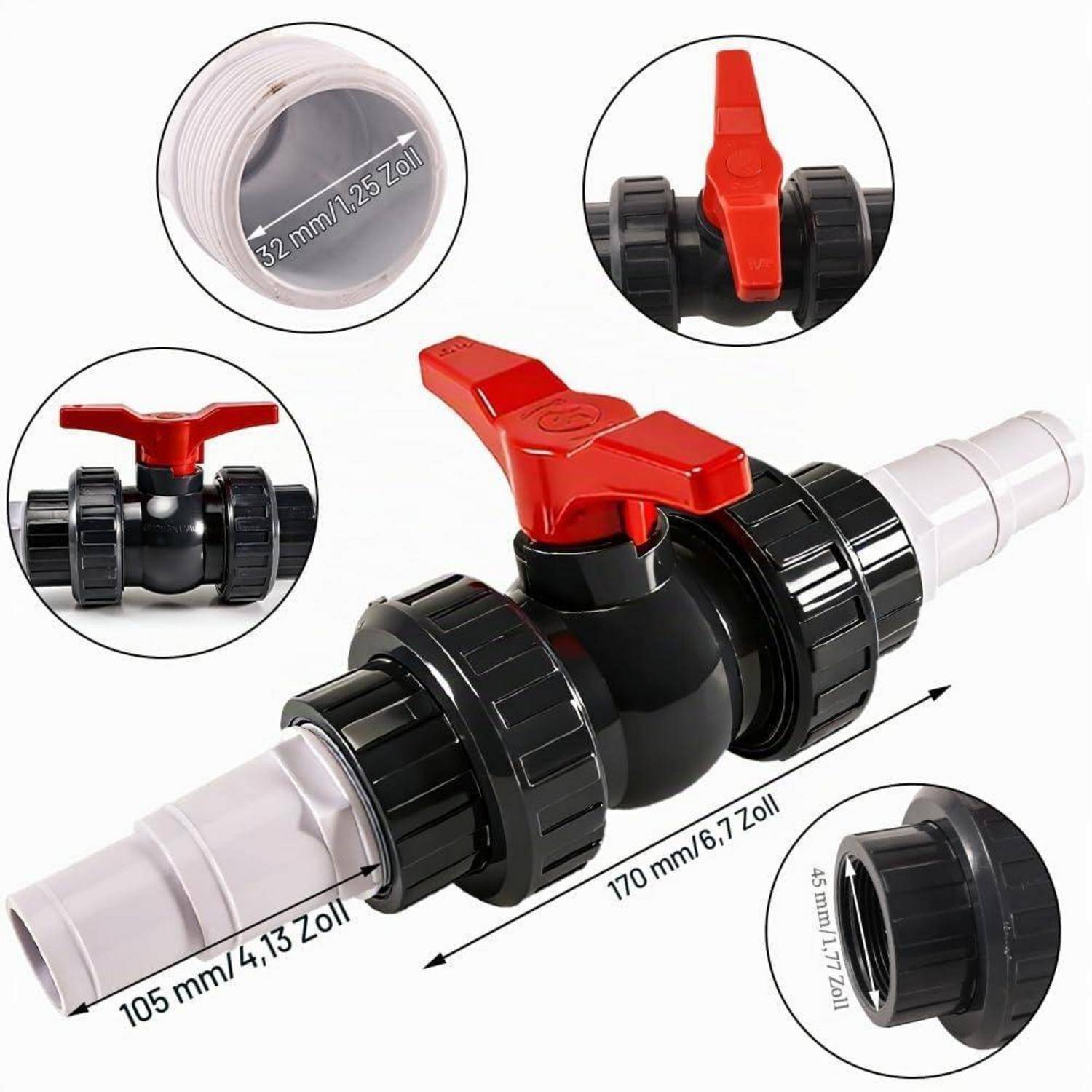 Schwarzes Kunststoffkugelventil mit rotem Griff und weißen Schlauchanschlüssen, gezeigt mit Nahaufnahmen und Größenetiketten für Abmessungen von 32 mm/1,25 Zoll und 170 mm/6,7 Zoll.