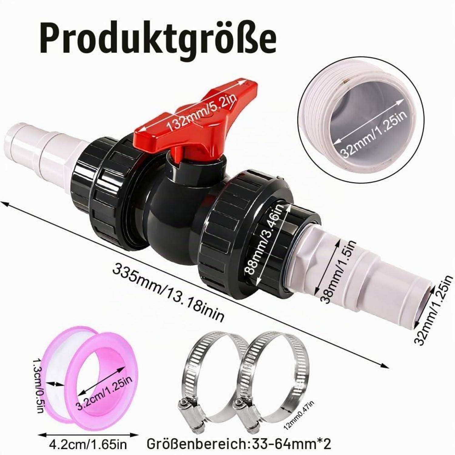 Produktgrößendiagramm eines schwarzen Ventils mit rotem Griff, das folgende Abmessungen zeigt: 335 mm Länge, 132 mm Griffbreite und Schlauchdurchmesser von 32 mm, 38 mm und 88 mm.