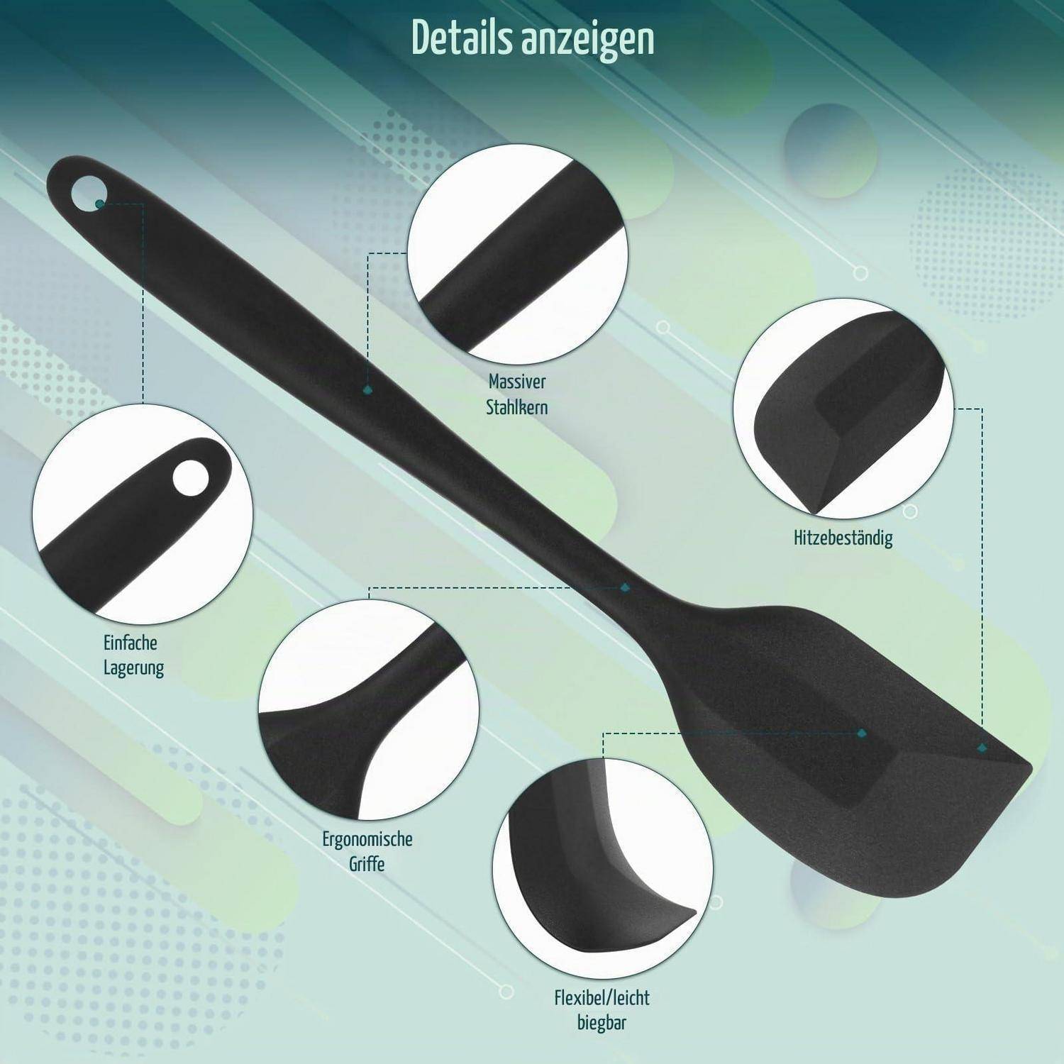 Illustrierte Produkthervorhebung einer schwarzen Spachtel mit beschrifteten Detailblasen, die Stahlstab aus Vollstahl, Wärmbeständigkeit, einfache Lagerung, ergonomischen Griff und flexibles, leichtes biegbares Design zeigen.