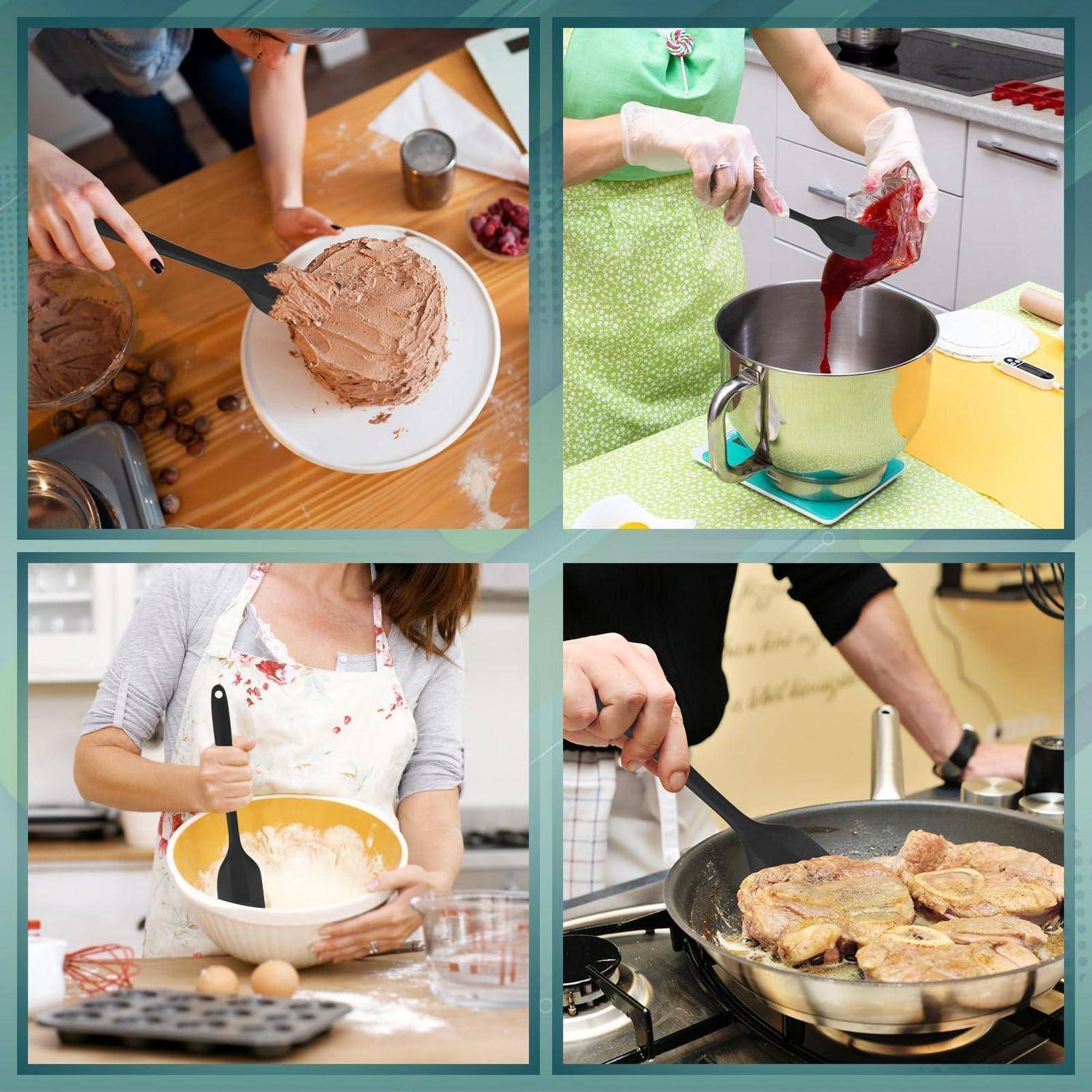 Vierteiliges Fotomontage vom Kochen zu Hause: Ein Kuchen wird glasiert, eine Beerenmischung wird in einen Topf gegossen, ein Teig wird in einer Schüssel gerührt, und Pfannkuchen werden in einer Pfanne gebraten.