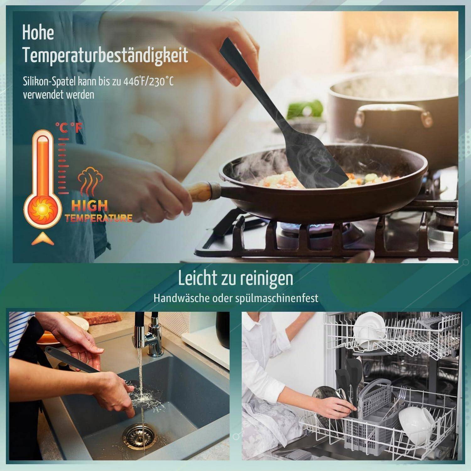 Werbekollage einer Silikonspatel, die hohe Hitzebeständigkeit bis 446°F/230°C und einfache Reinigung demonstriert, einschließlich Handwäsche und Spülmaschinenfestigkeit.