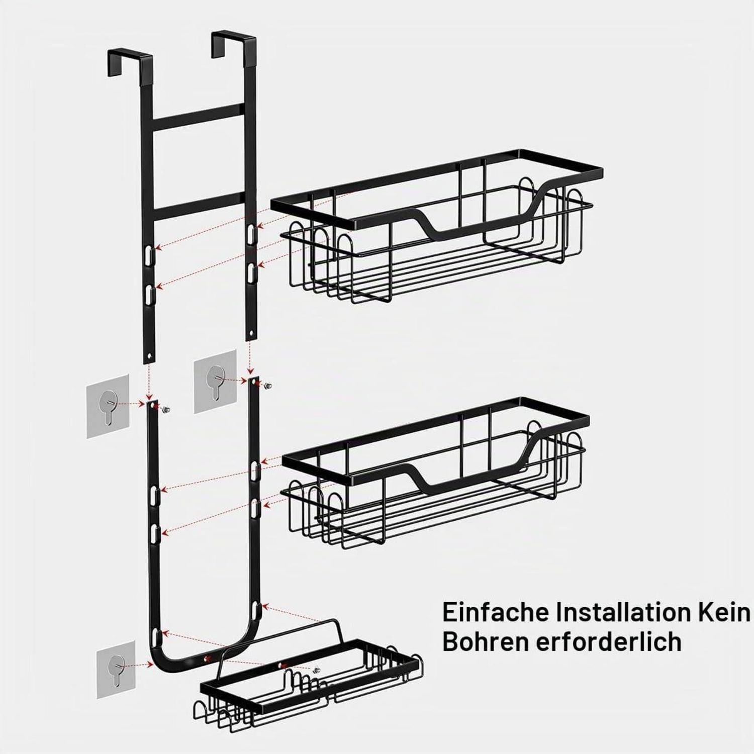 Wandmontierter Über-Tür-Organizer mit Regalen und Körben, zeigt einfache Installation ohne Bohren erforderlich; Deutscher Text sagt „Einfache Installation, kein Bohren erforderlich".