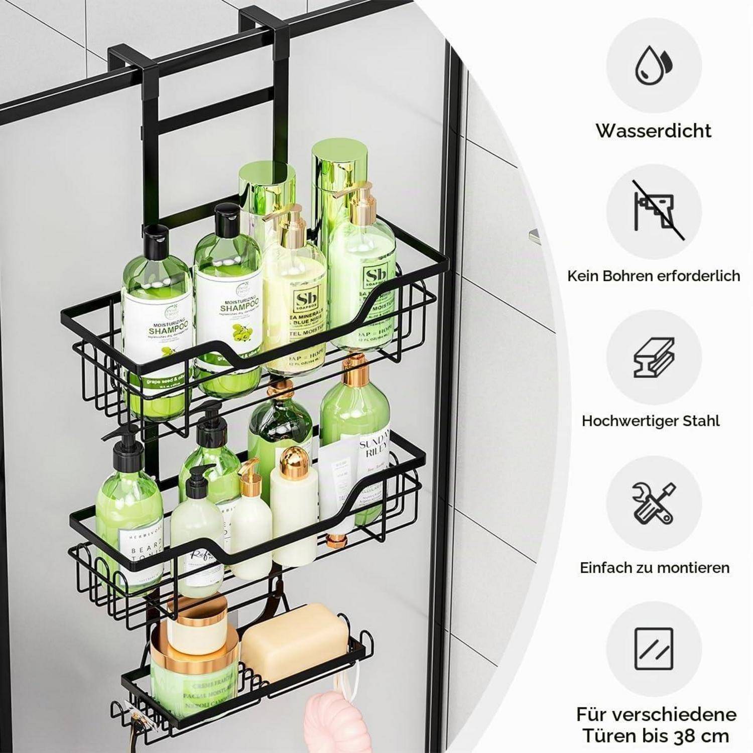 Dreistöckiges schwarzes Duschregal, das über eine Duschkabinentür hängt und Shampoo sowie Flaschen hält; deutsche Etiketten vermerken wasserdicht, keine Bohrungen erforderlich, Stahl, einfache Installation, passt auf 8-mm-Türen.