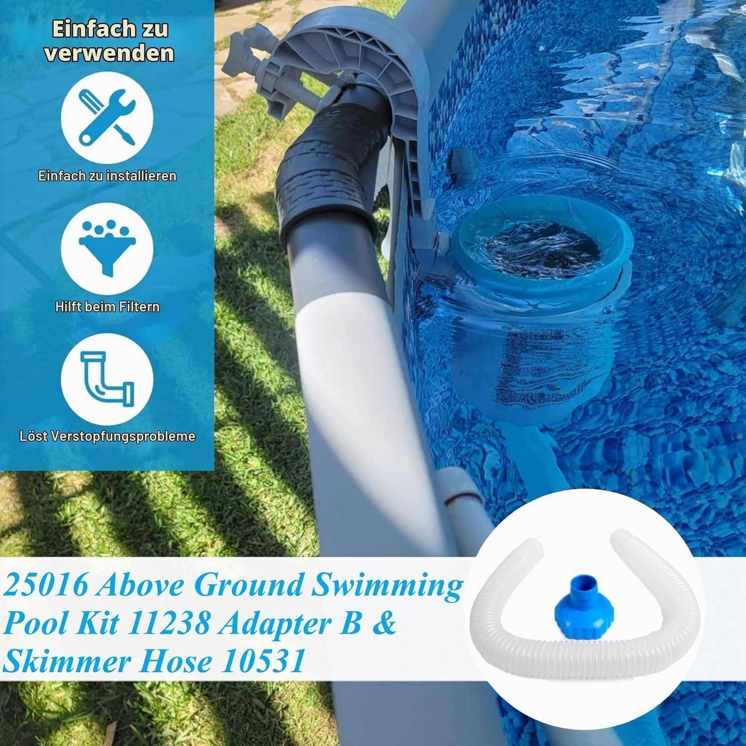 Werbebild eines Adapter für Oberflächenskimmer-Schläuche für oberirdische Pools mit Poolwasser, das durch einen Schlauch fließt; der Text sagt „Einfach zu bedienen