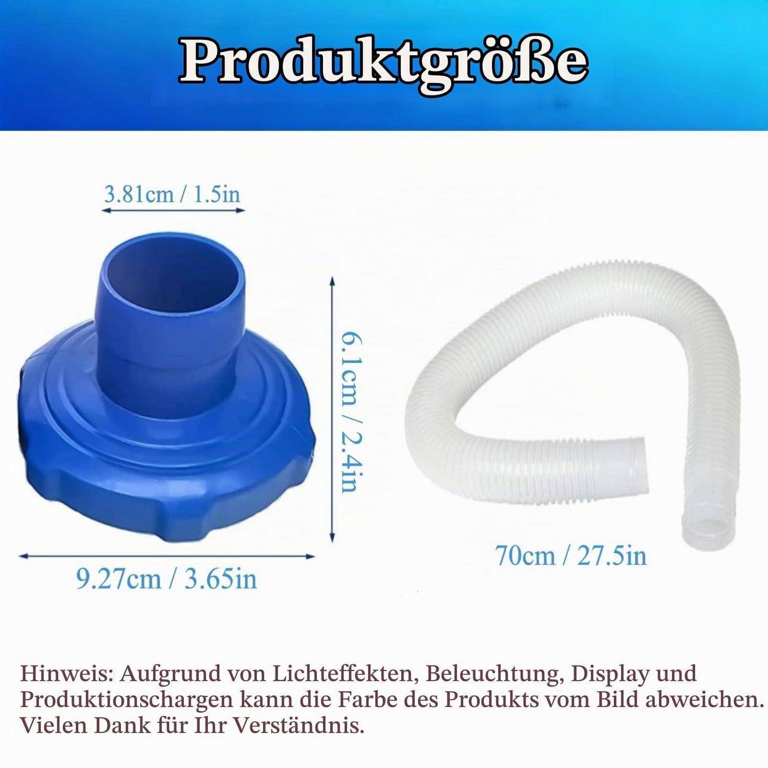 Produktgrößendiagramm mit einem blauen Kunststoffstecker und einem weißen flexiblen Schlauch, mit den Bezeichnungen 9,27 cm breit, 6,1 cm hoch, 3,81 cm Öffnung und 70 cm lang.