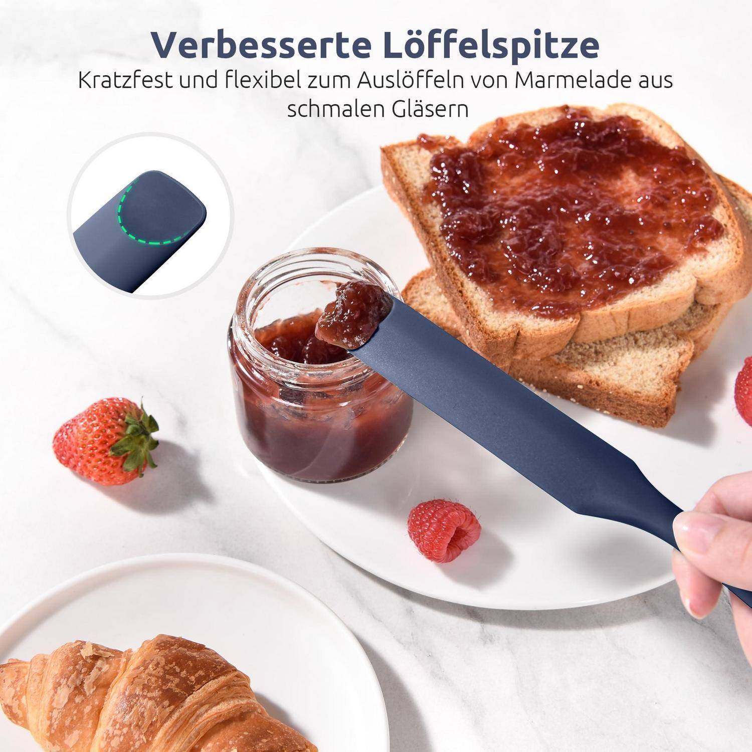 Deutscher Werbetext zur flexiblen, kratzfesten Marmeladenlöffel, der Marmelade aus einem engen Glas auf Toast verteilt; Vergrößerung hebt die Löffelspitze hervor.
