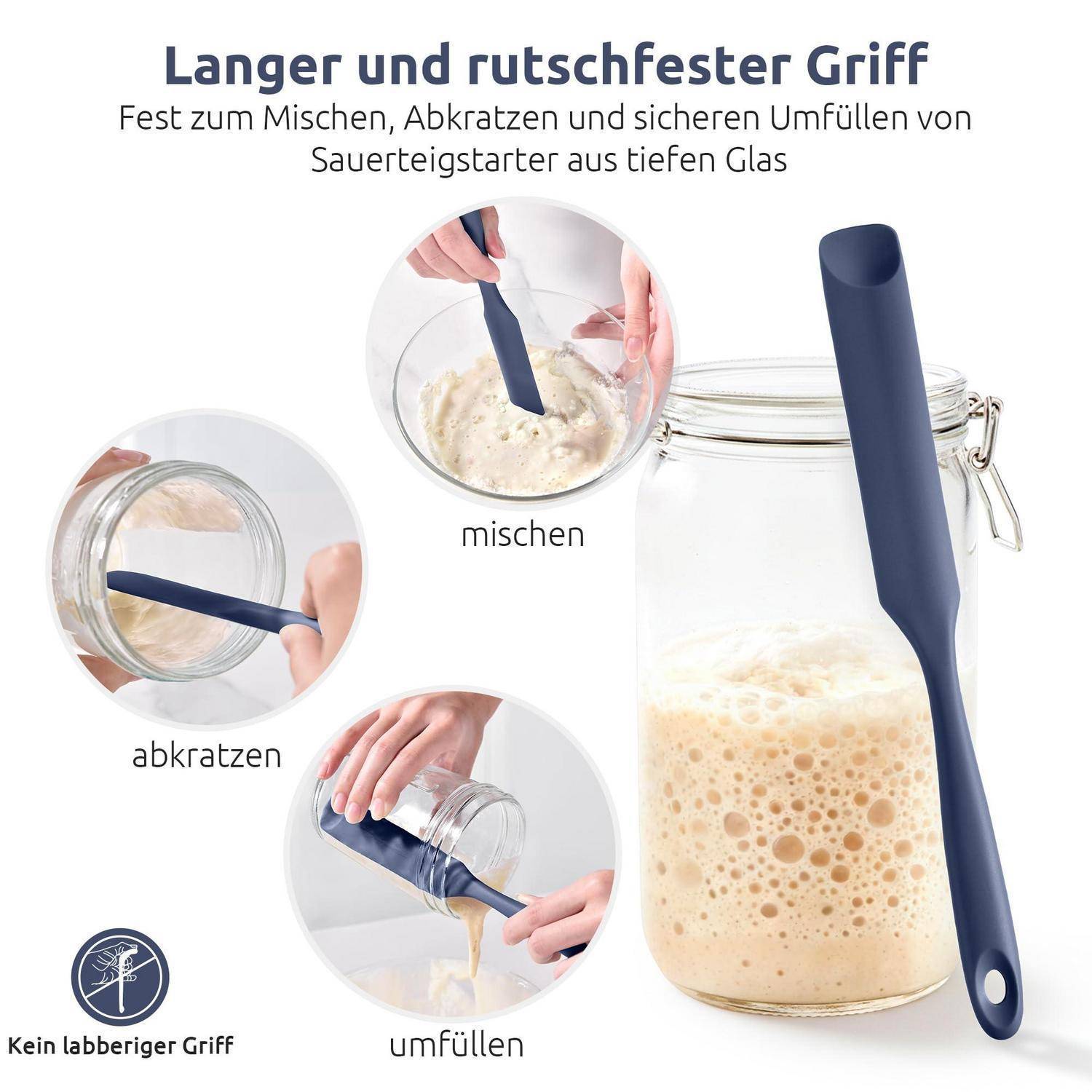 Illustration eines langen, rutschfesten Spatels zum Mischen, Abkratzen und Umfüllen von Sauerteigansatz aus hohen Gläsern, mit gekennzeichneten Verwendungsschritten in Deutsch.