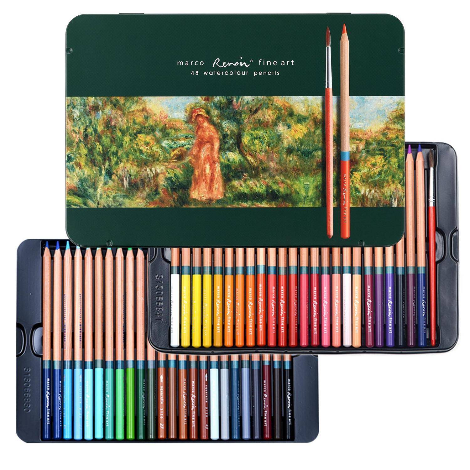 Drei gestapelte Dosen von Marco Renoir Künstler-Aquarellstiften mit 48 Farben, mit Farbstiften in Reihen angeordnet und eine Dose mit einer impressionistischen Landschaftsillustration.
