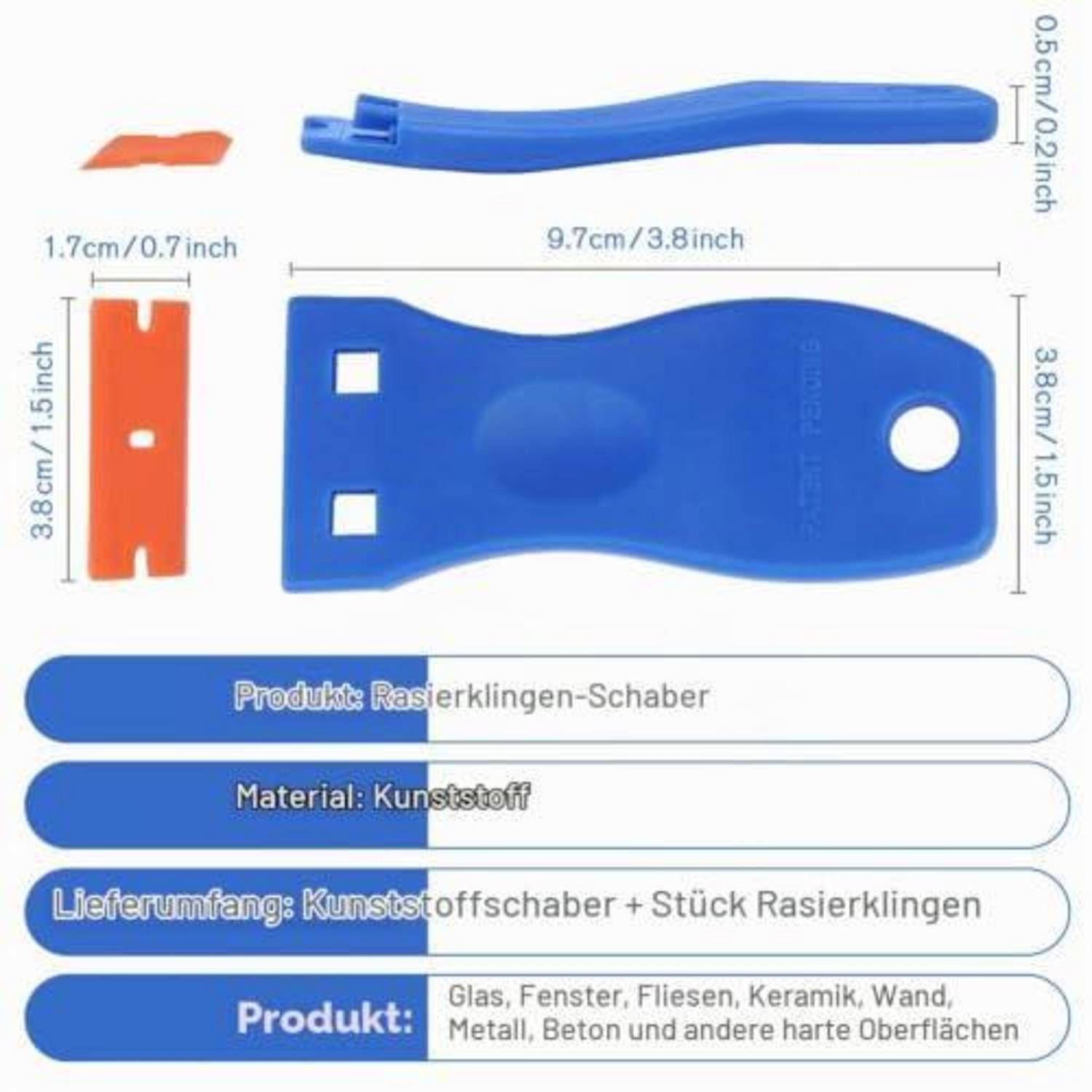 Produktbild eines blauen Kunststoff-Rasierklingenschabers mit austauschbarer orange Klinge, gekennzeichnete Abmessungen und deutscher Text mit Angaben zu Material und Verwendungszwecken für Glas, Fenster, Fliesen, Keramik, Wände, Metall und Beton.