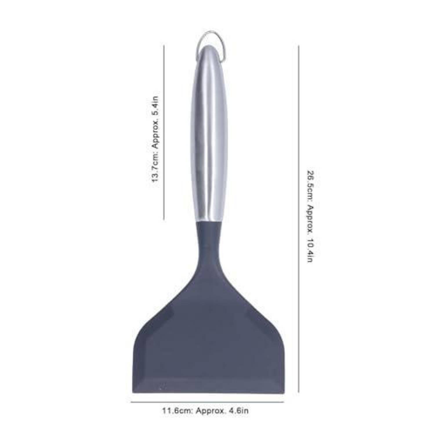 Spachtel mit Edelstahlgriff und dunkler Silikonklinge, gezeigt mit den Abmessungen: 25,6 cm lang und 11,6 cm breit.